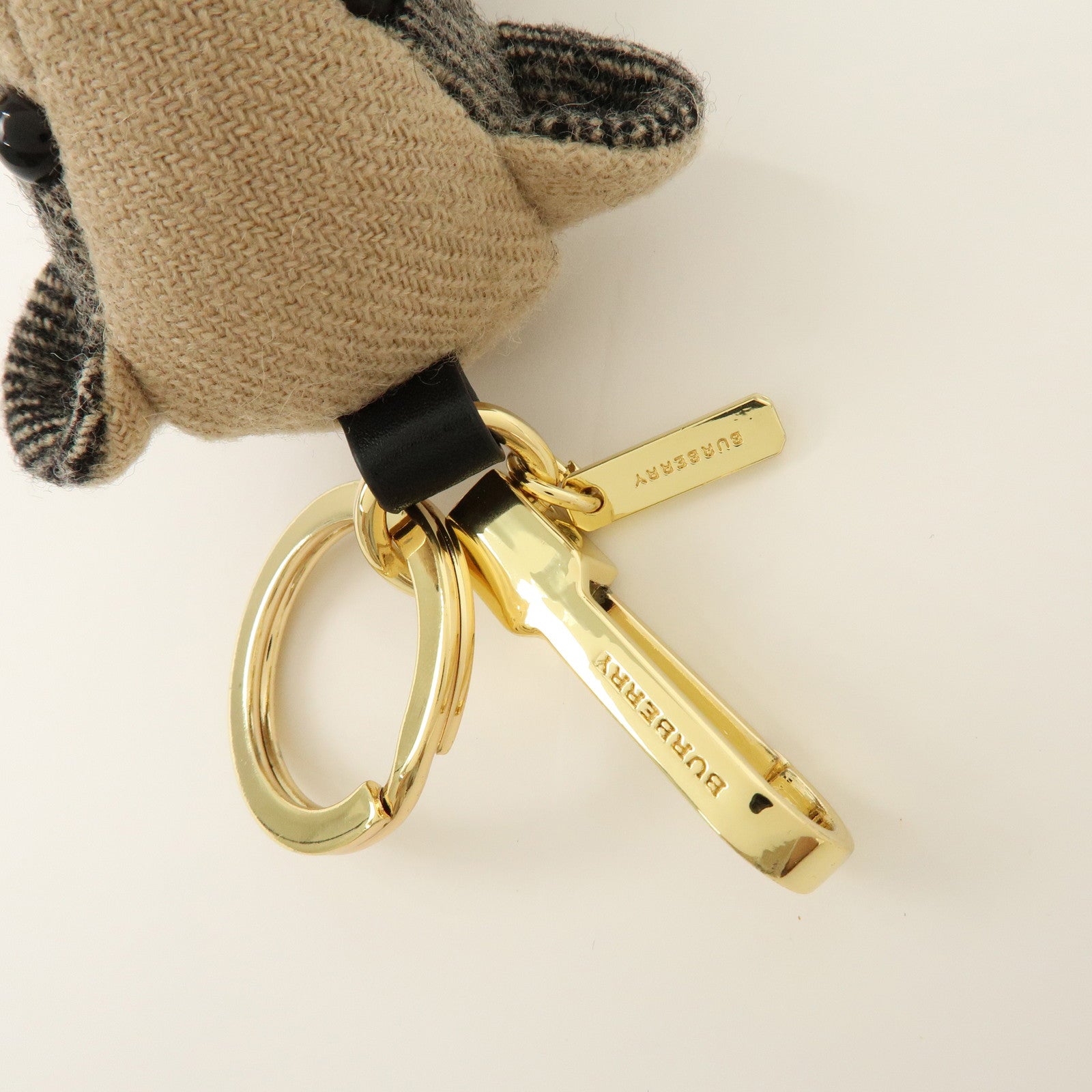 BURBERRY Nova Plaid Canvas Bear Bag Charm Key Holder Beige White