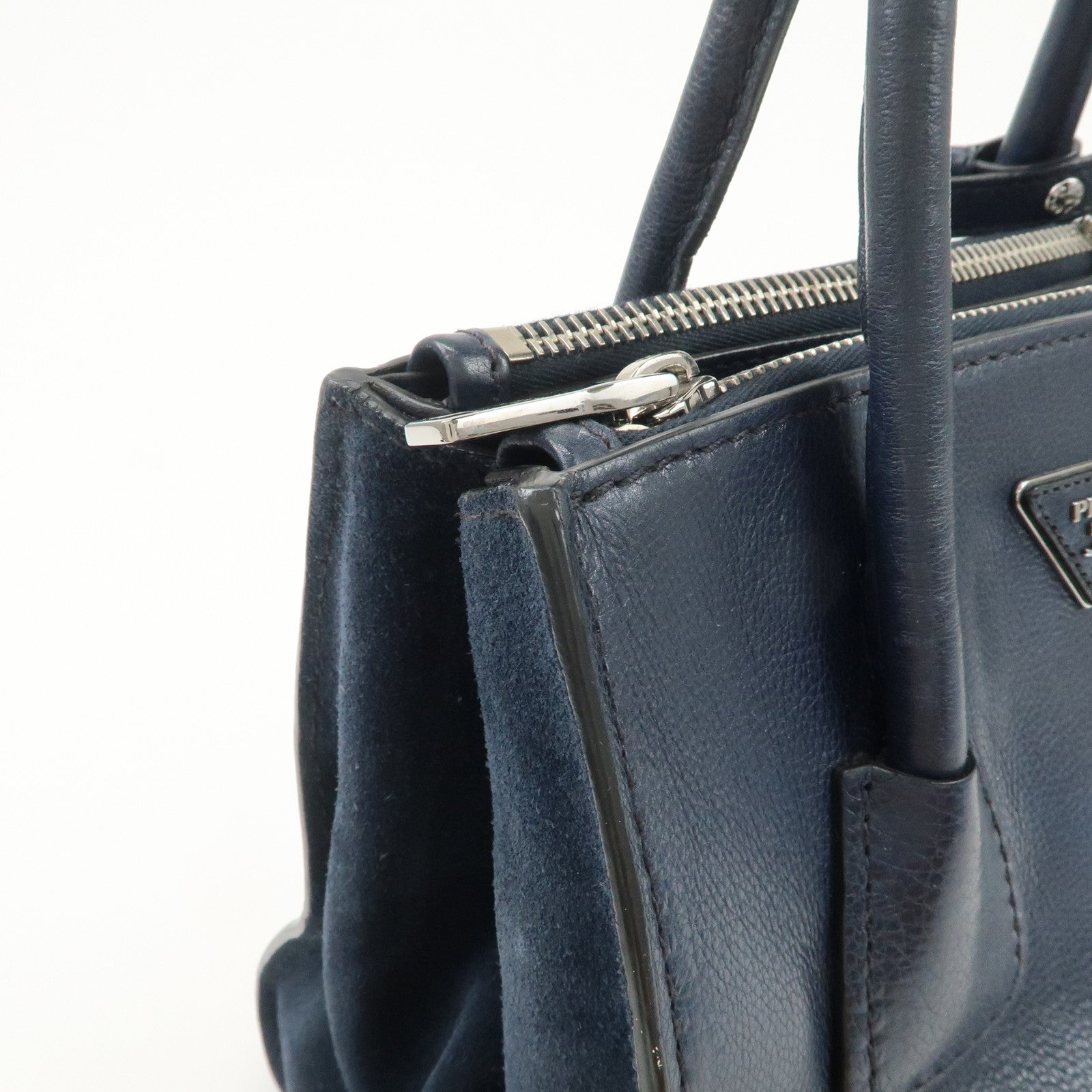 PRADA Triangle Logo Leather 2Way Bag Tote Bag Hand Bag Navy B2625M
