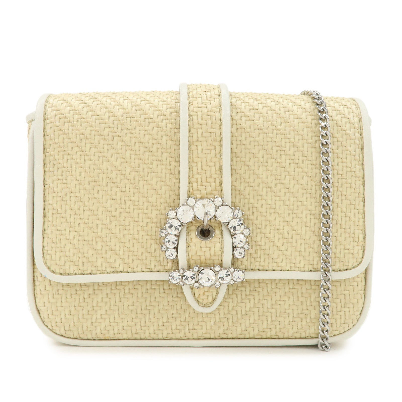 JIMMY CHOO Raffia Leather Mini Chain Shoulder Bag Beige Ivory