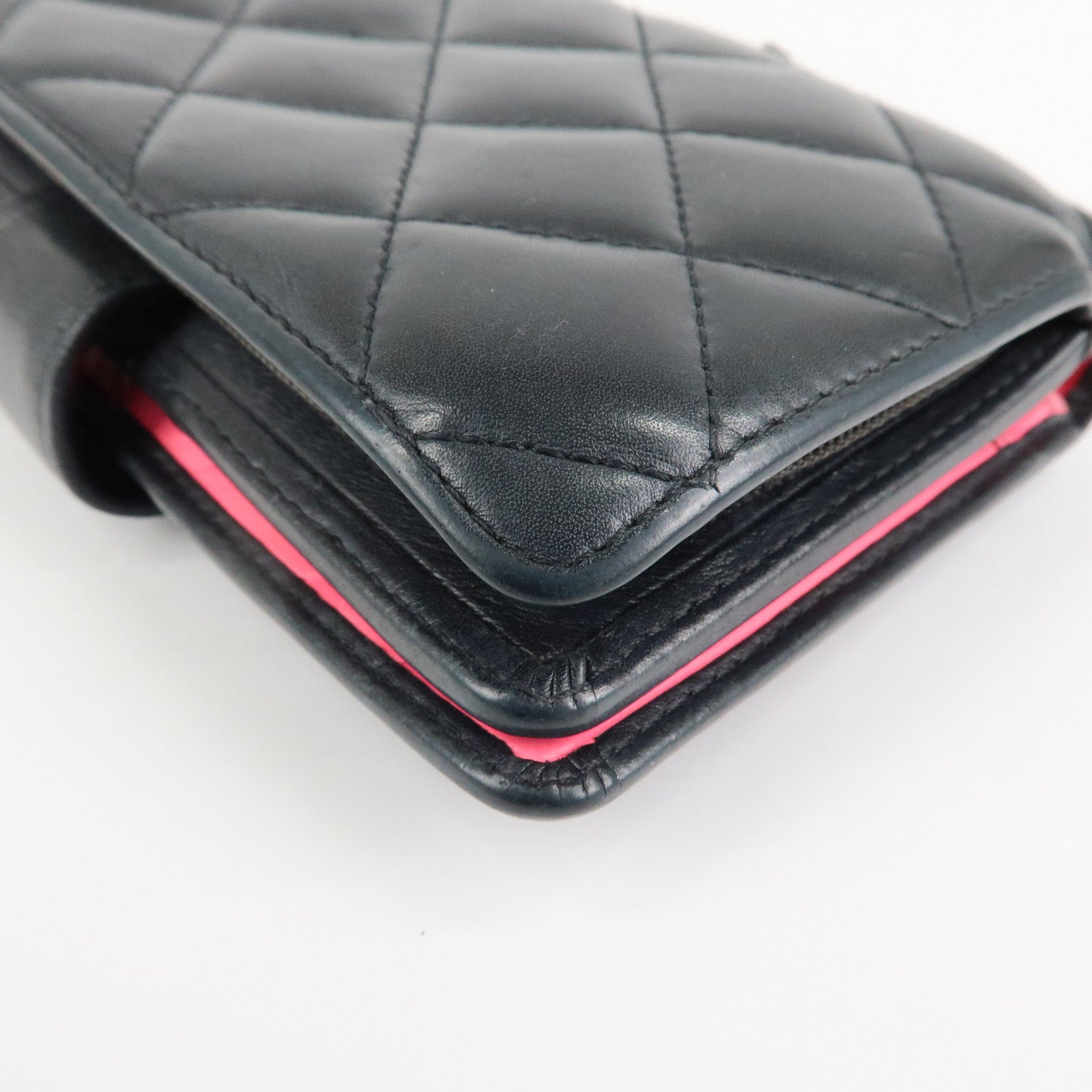 CHANEL Cambon Line COCO Mark Bifold Wallet Black Pink A50080 Used