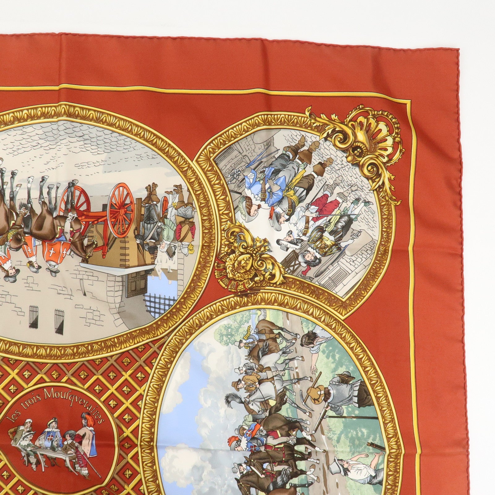HERMES Carre 90 Silk 100% Scarf Les Trois Mousquetaires Red