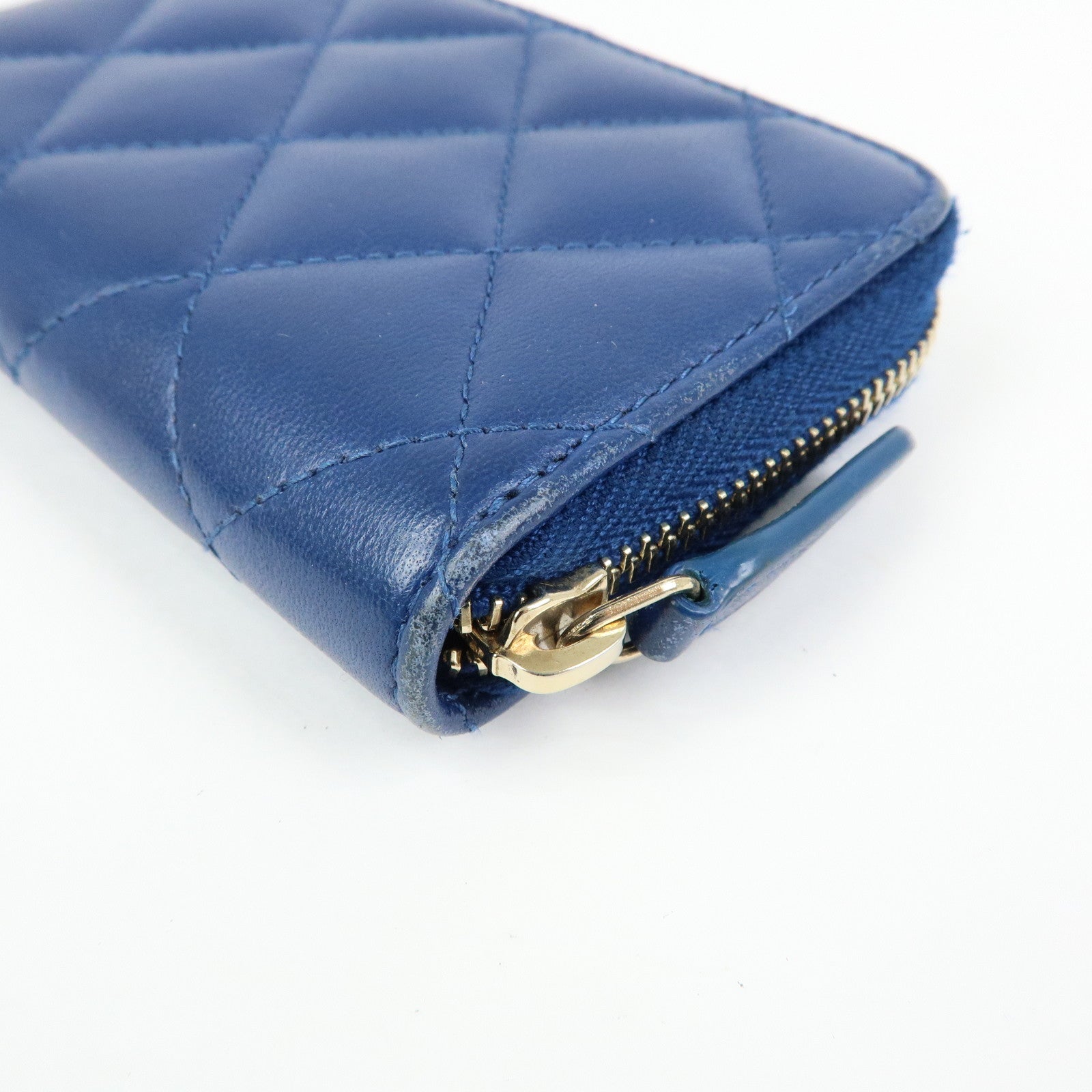 CHANEL Matelasse COCO Mark Lamb Skin Coin Case Card Case Blue