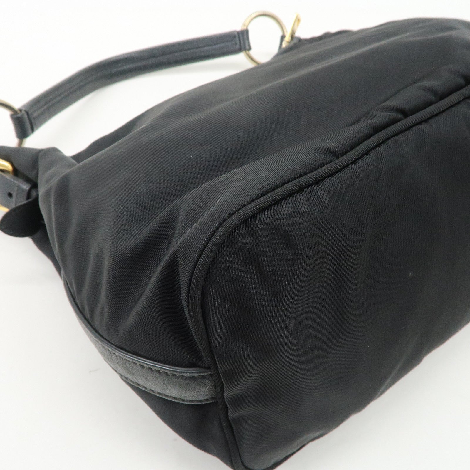 PRADA Triangle Logo Leather Nylon Shoulder Bag Black