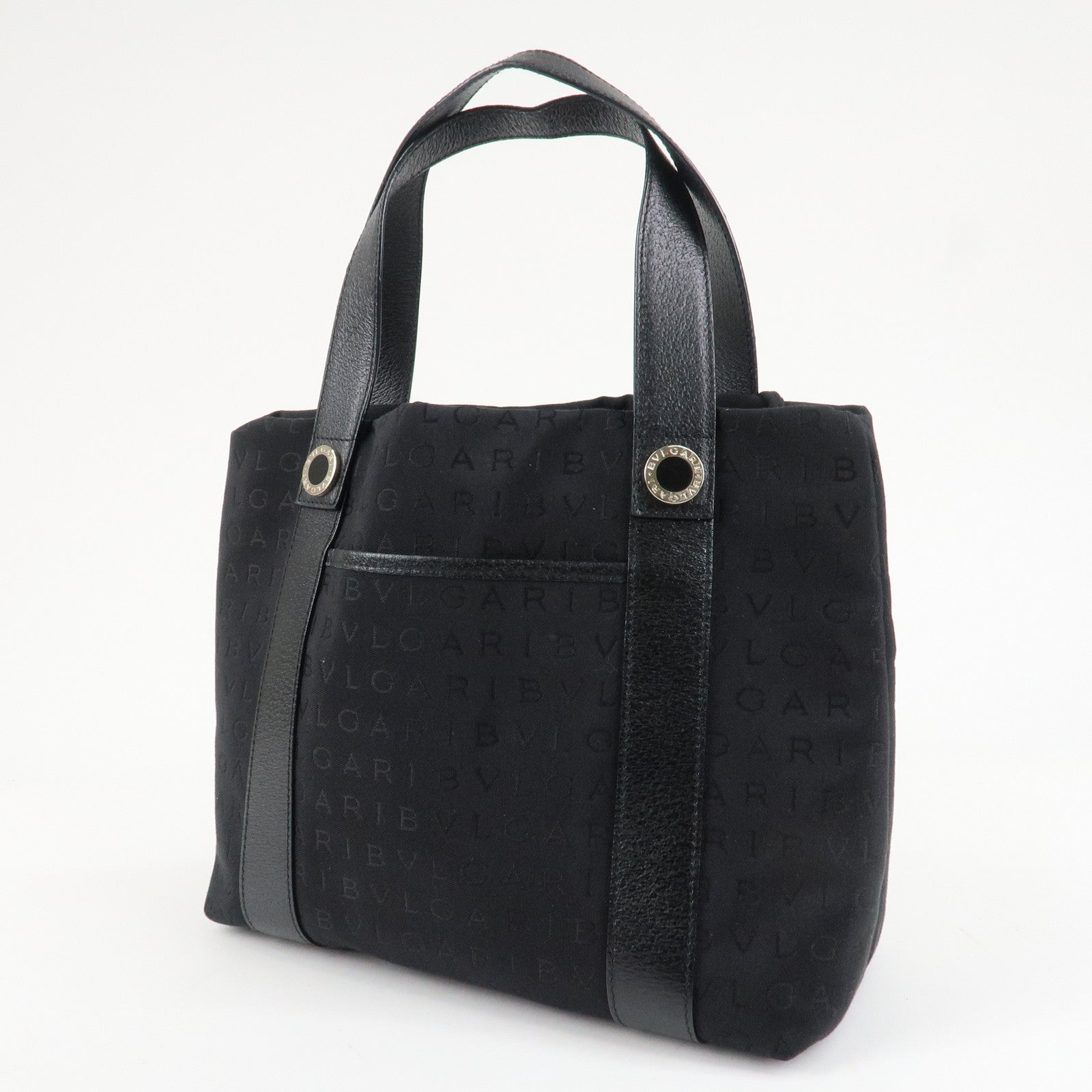 BVLGARI Logo Mania Canvas Leather Tote Bag Hand Bag Black Silver HDW Used