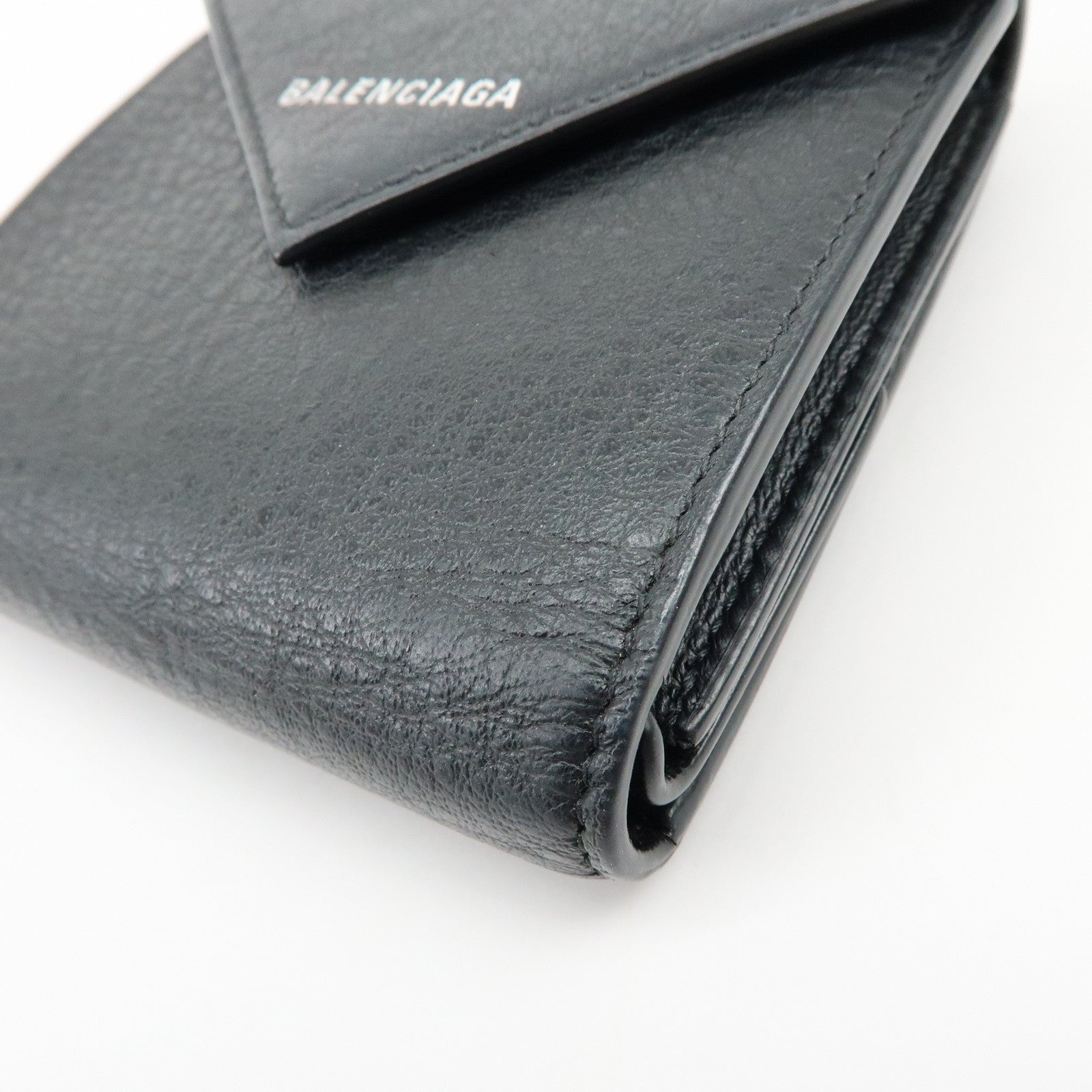 BALENCIAGA Logo Leather Bi-fold Compact Flap Wallet Black 637450