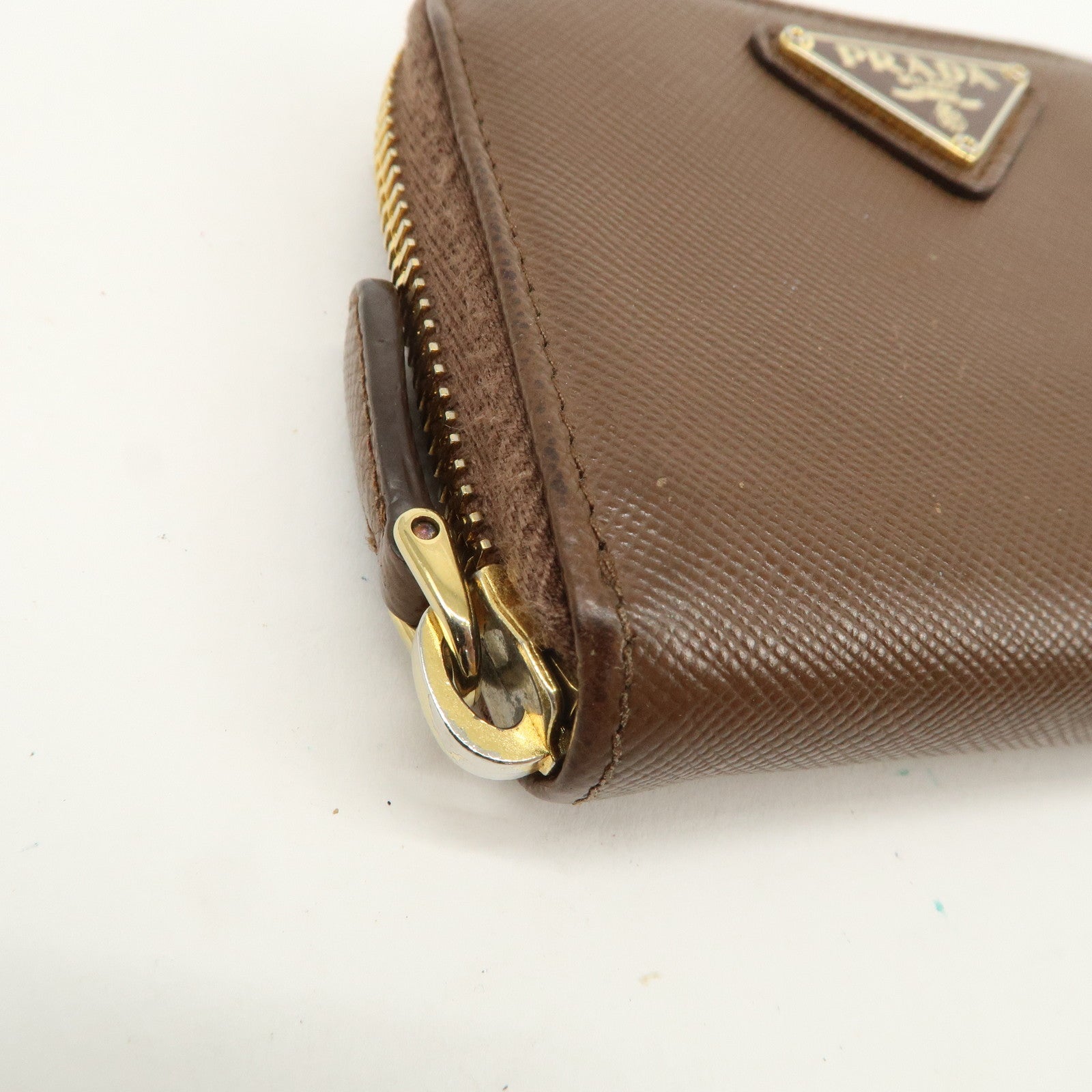 PRADA Triangle Logo Saffiano Leather Coin Case Coin Purse Brown