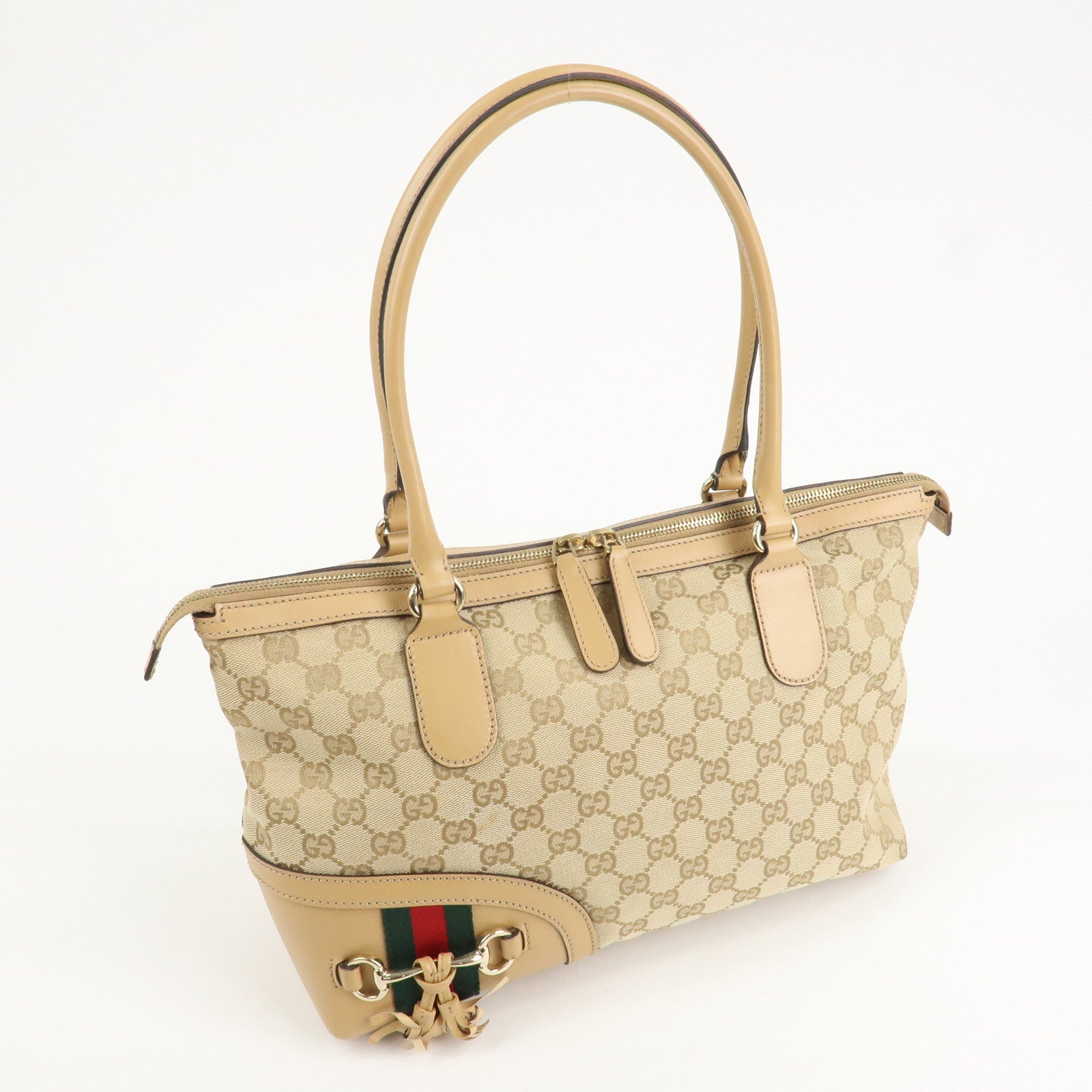 GUCCI Horsebit Sherry GG Canvas Leather Tote Bag Beige 232936 Used