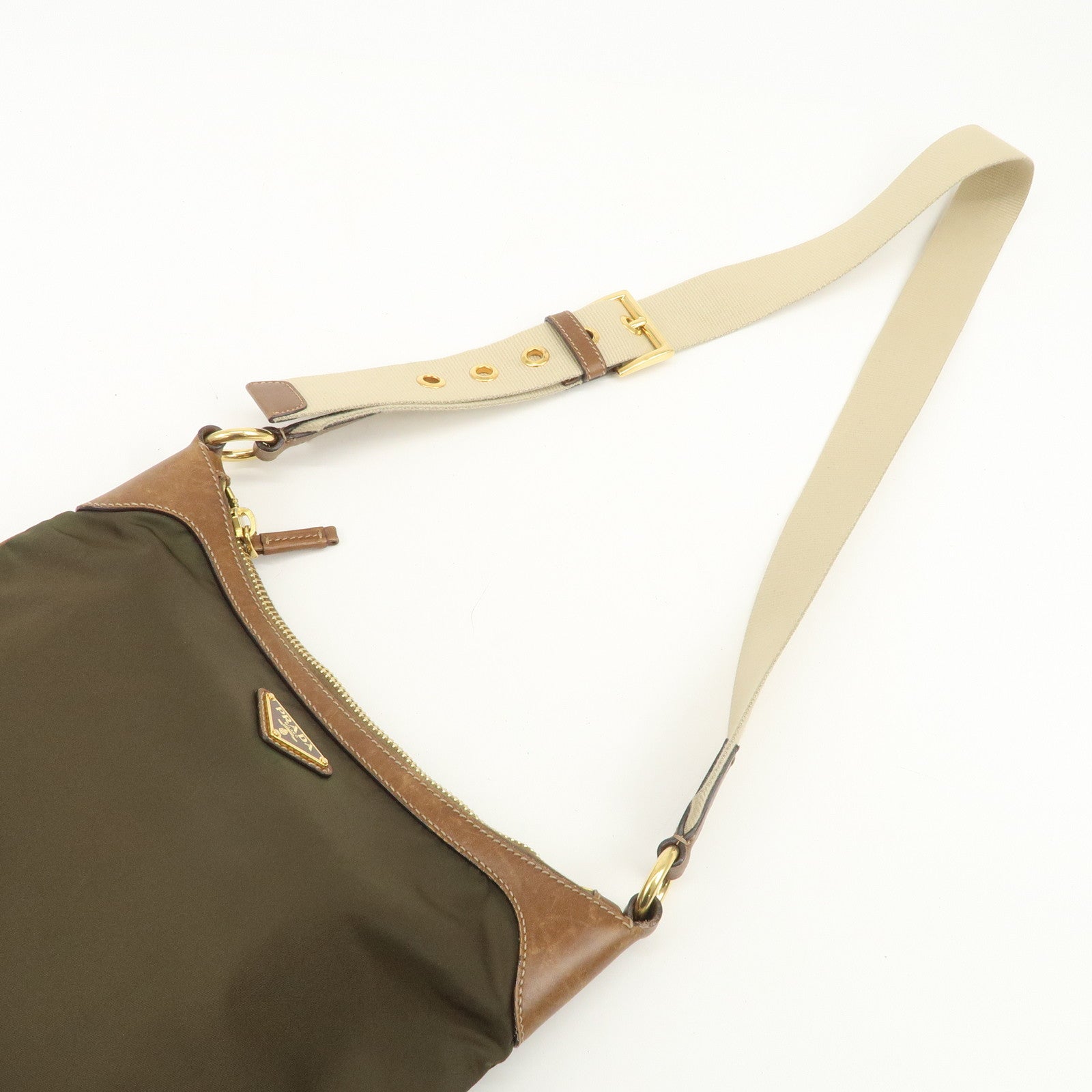 PRADA Triangle Logo Nylon Leather Crossbody Shoulder Bag Khaki
