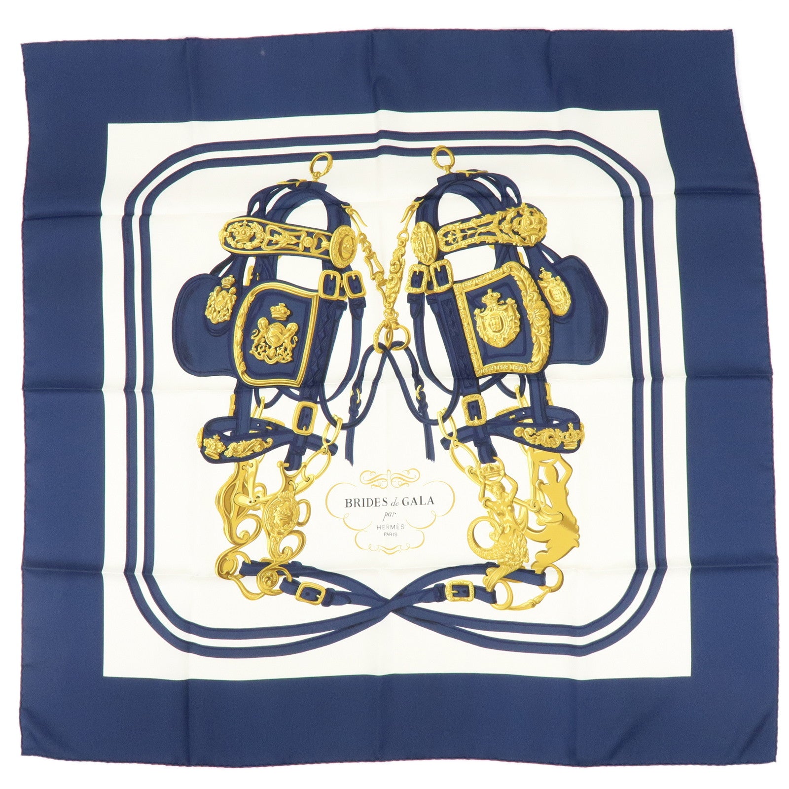 HERMES Carre 90 Silk 100% Scarf BRIDES DE GALA Navy Gold