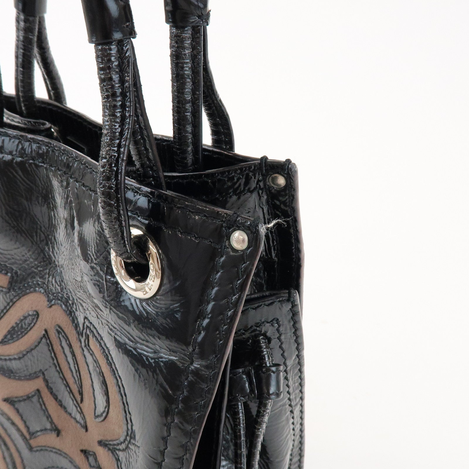 LOEWE Anagram Patent Leather Hand Bag Shoulder Bag Black Brown