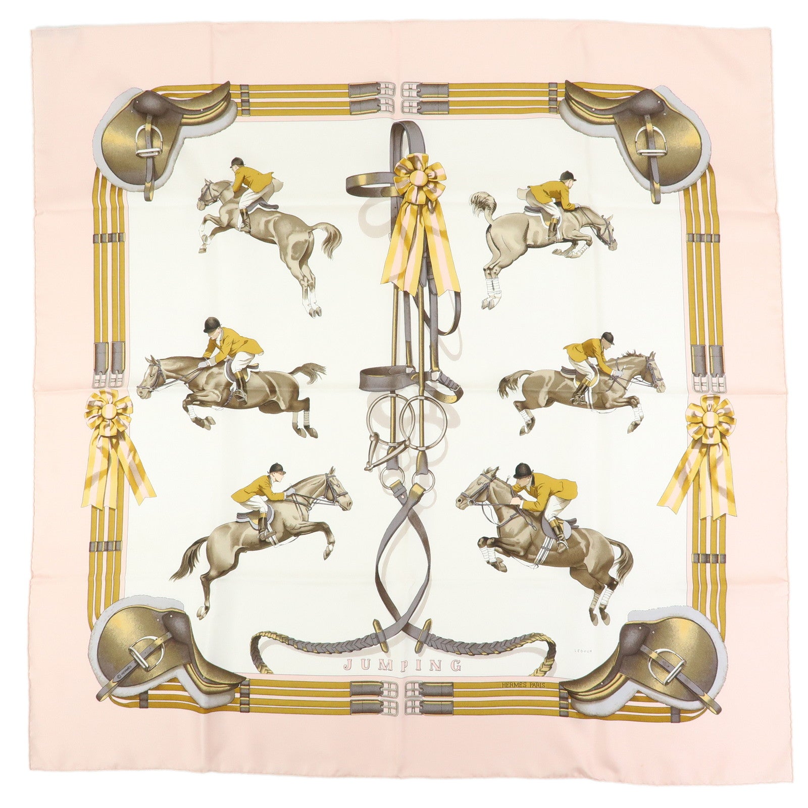 HERMES Carre 90 Silk 100% Scarf JUMPING Equestrianism Pink Brown
