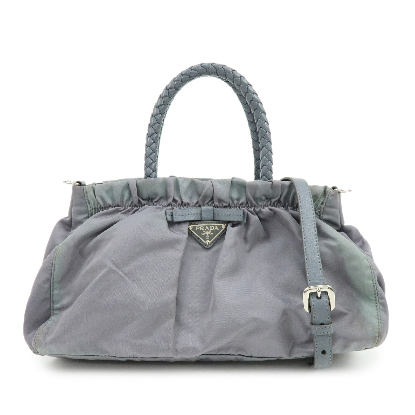 PRADA Nylon Leather 2Way Gathered Ribbon Hand Shoulder Bag Gray