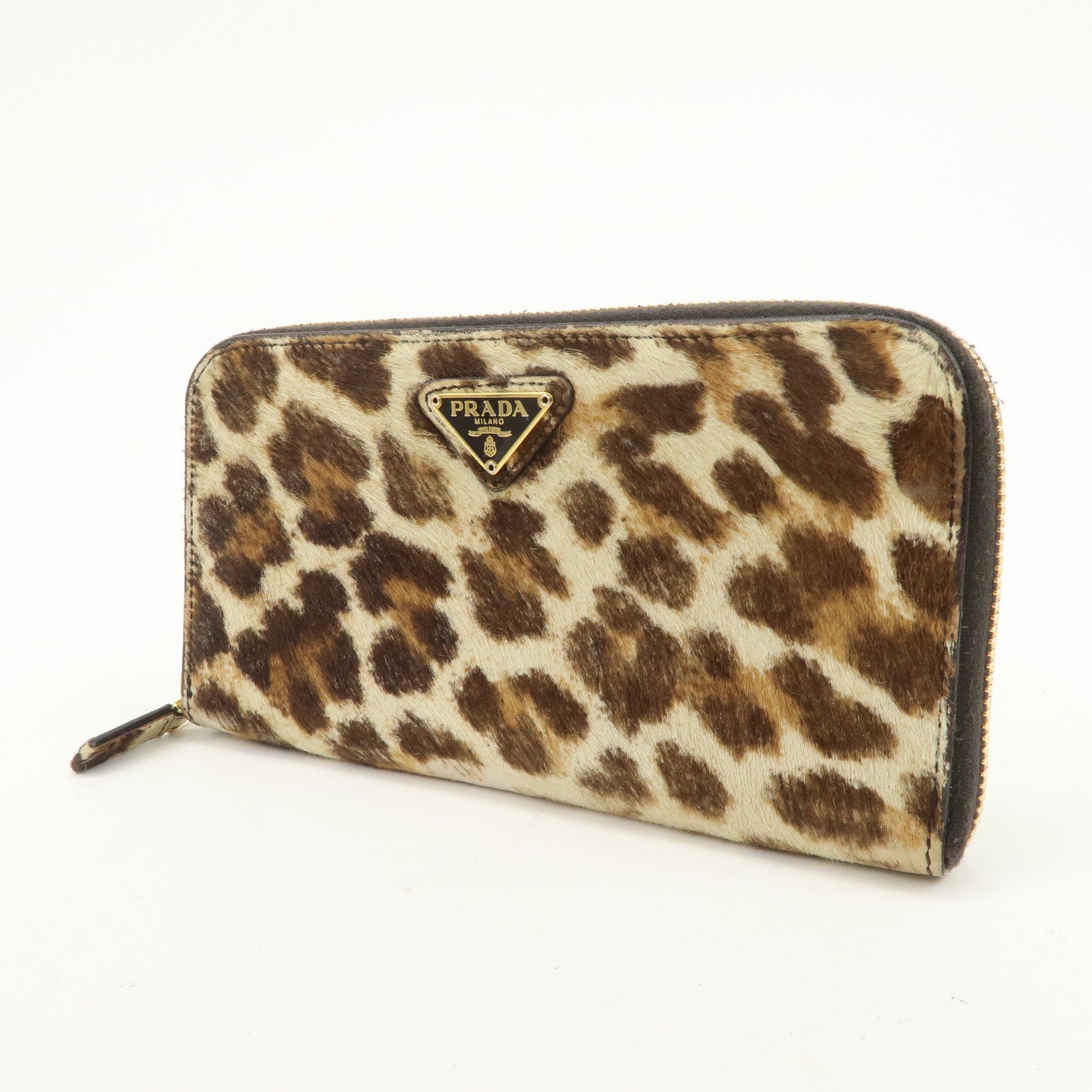 PRADA Unborn Calf Leather Round Zippy Wallet Beige Brown 1M0506