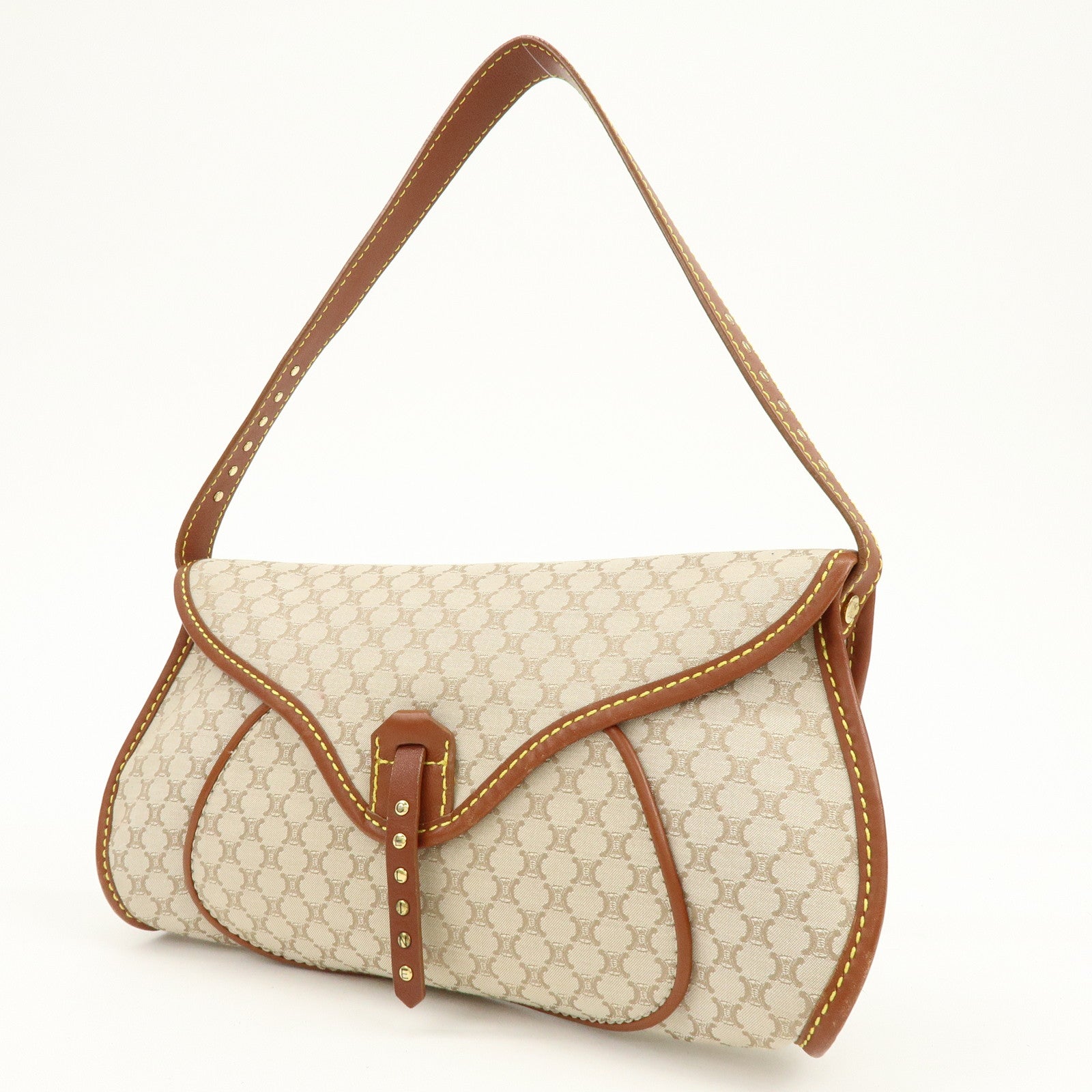 CELINE Macadam Canvas Leather Hand Bag Shoulder Bag Beige Brown