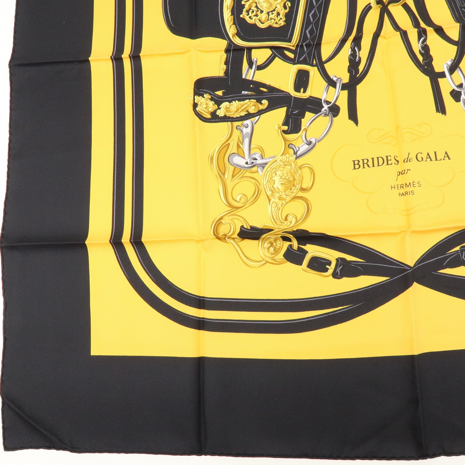 HERMES Carre 90 Silk 100% Brides de Gala Scarf Black Yellow