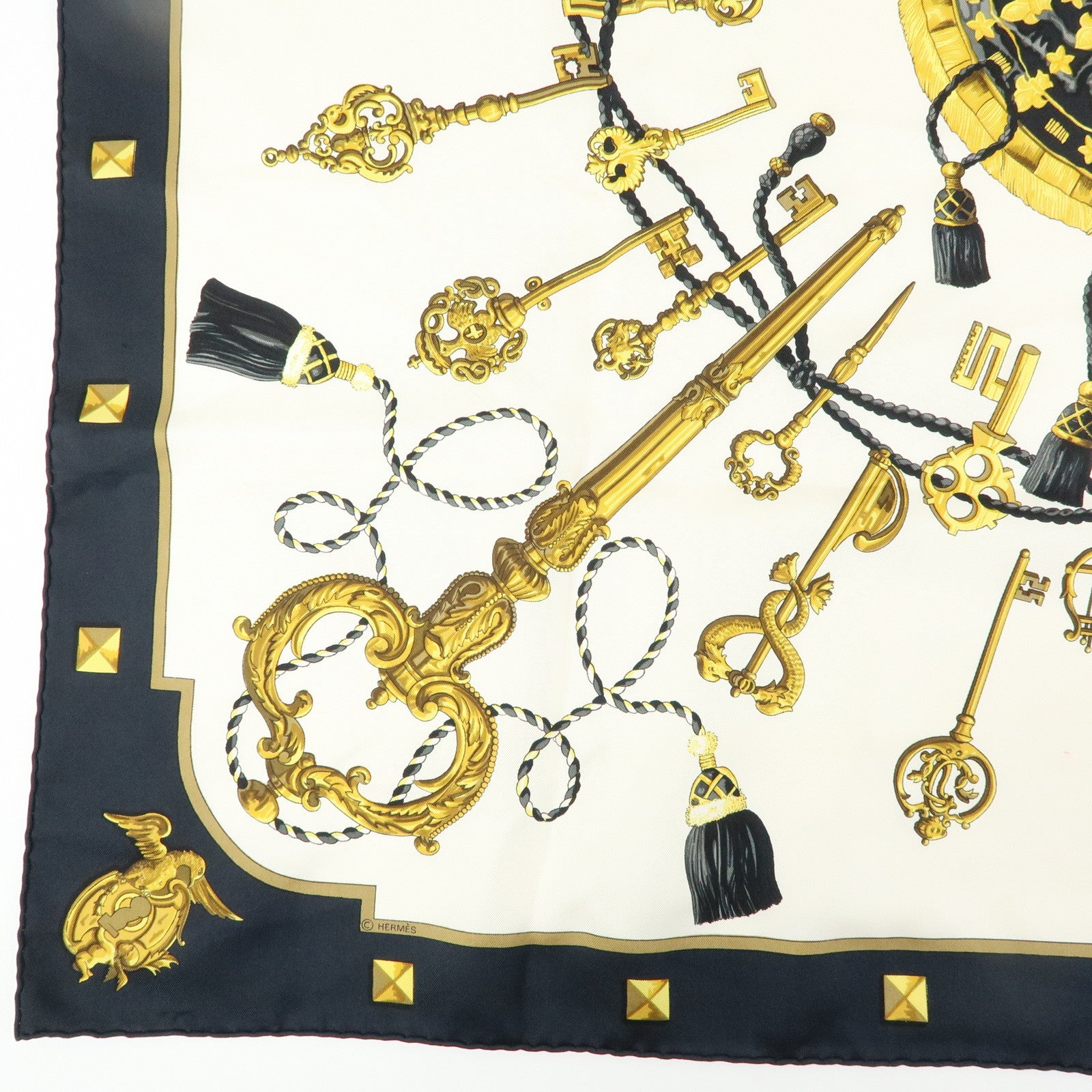 HERMES Carre 90 Silk 100% Scarf LES CLES THE KEYS RARE Black White