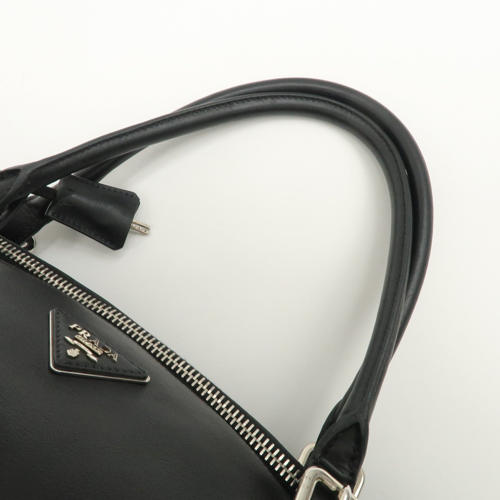 PRADA Triangle Logo Leather Boston Bag Shoulder Bag Black BR4998