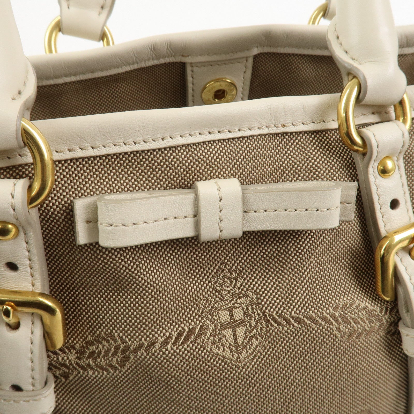 PRADA Logo Jaquard Leather 2Way Hand Bag Shoulder Bag Beige White