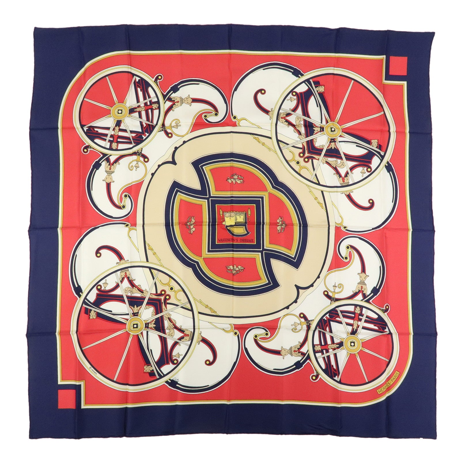 HERMES Carre 90 Silk 100% Scarf WASHINGTON’S CARRIAGE Red Navy