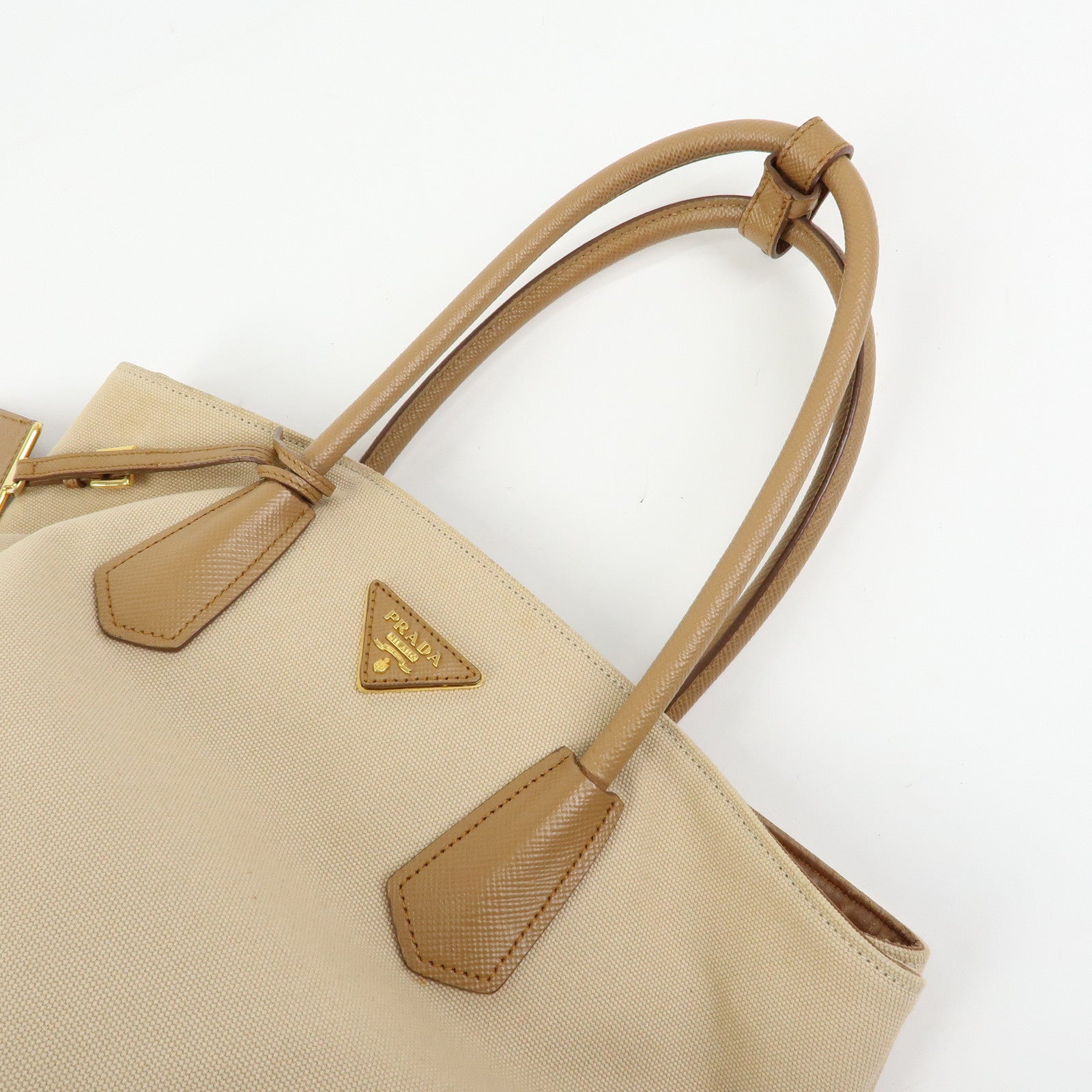 PRADA Triangle Logo Canvas Leather Tote Bag Beige Brown B2756T