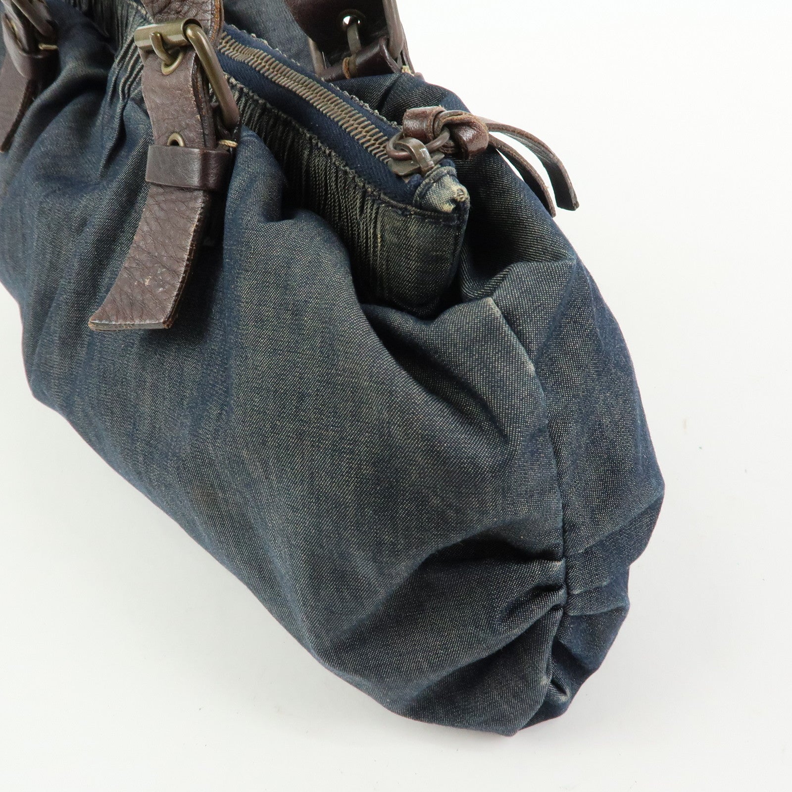 MIU MIU Denim Leather Shoulder Bag Hand Bag Indigo Blue Brown