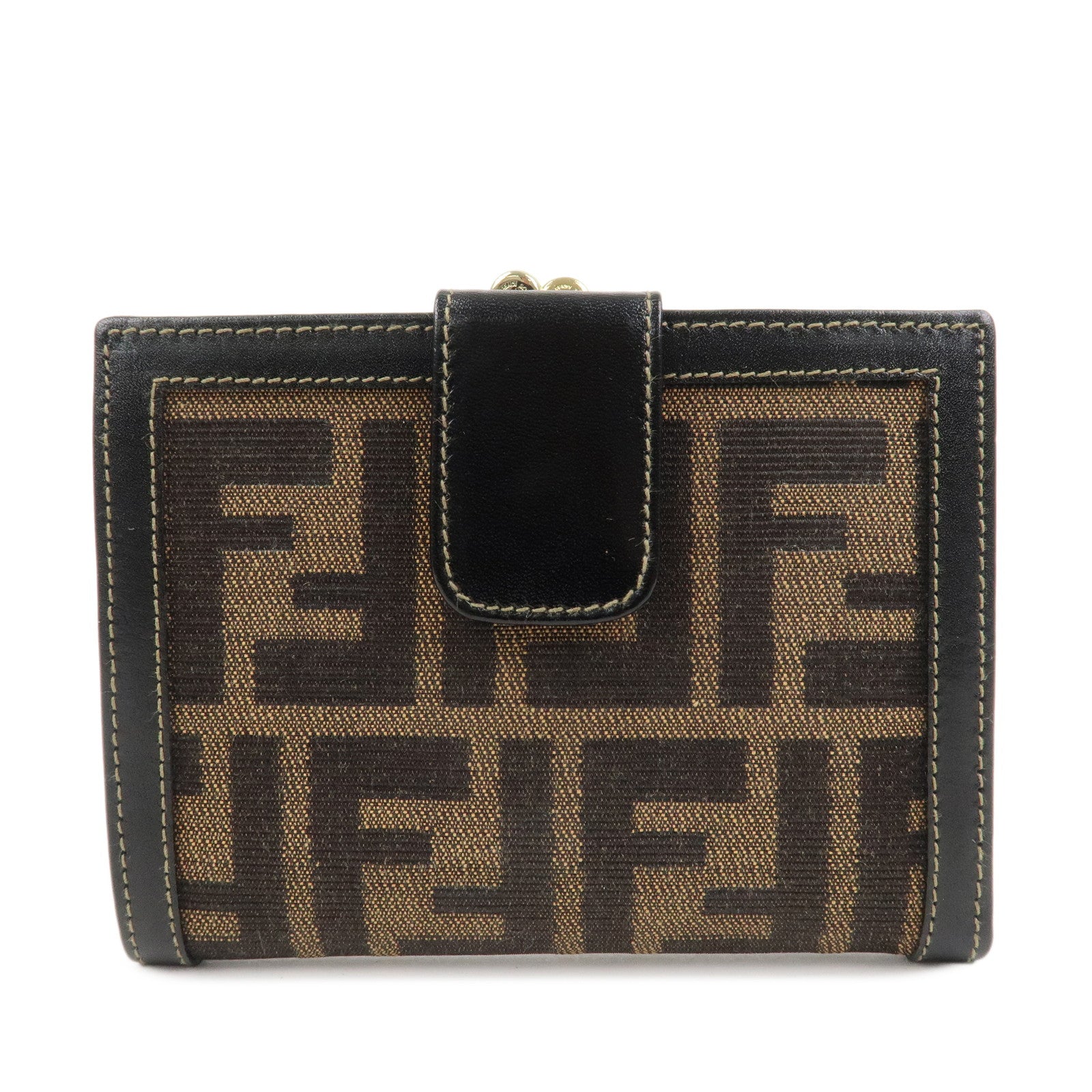 FENDI Zucca Kiss Lock Canvas Leather Bi-fold Wallet Brown 30207