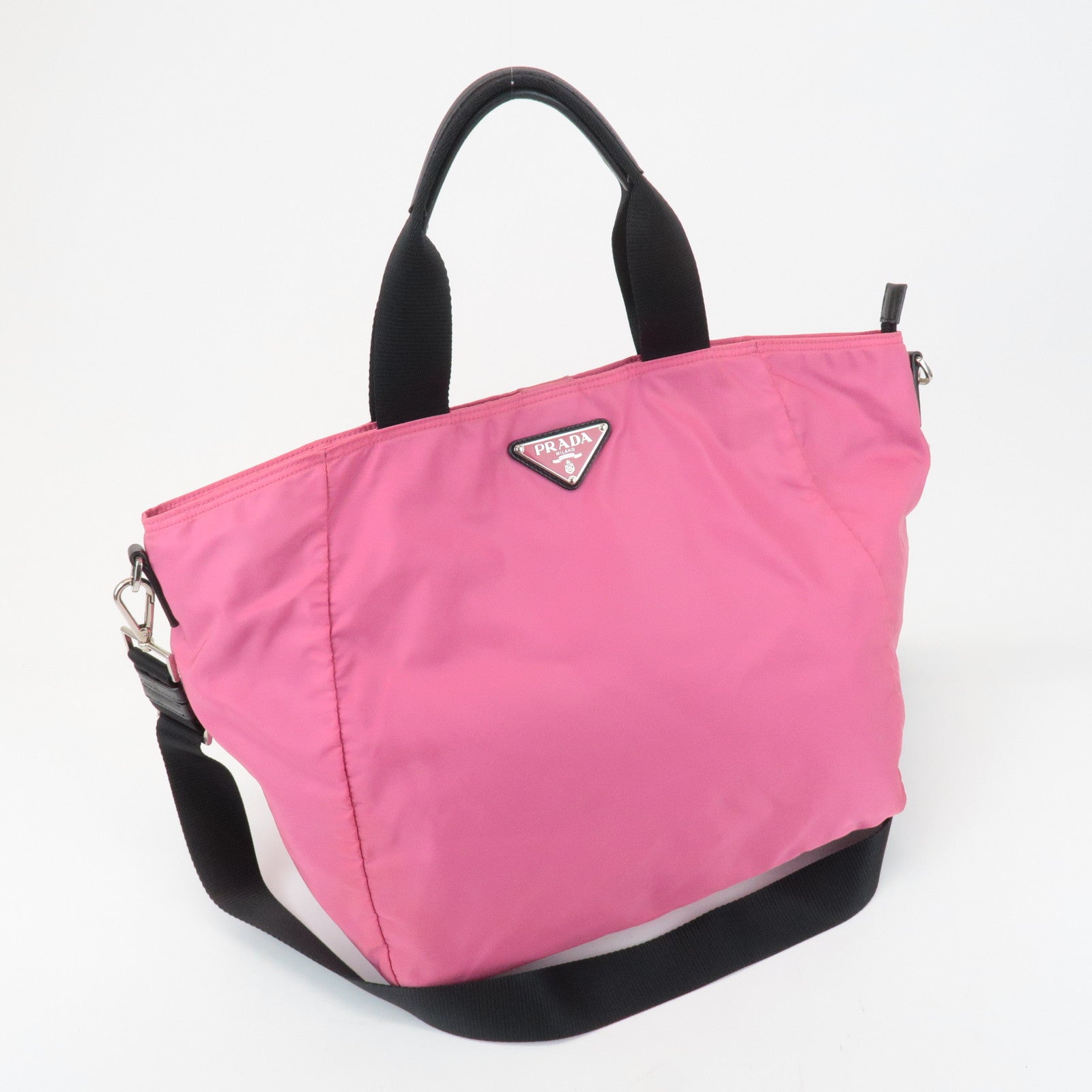 PRADA Triangle Logo Leather Nylon 2Way Bag Tote Bag Pink Black