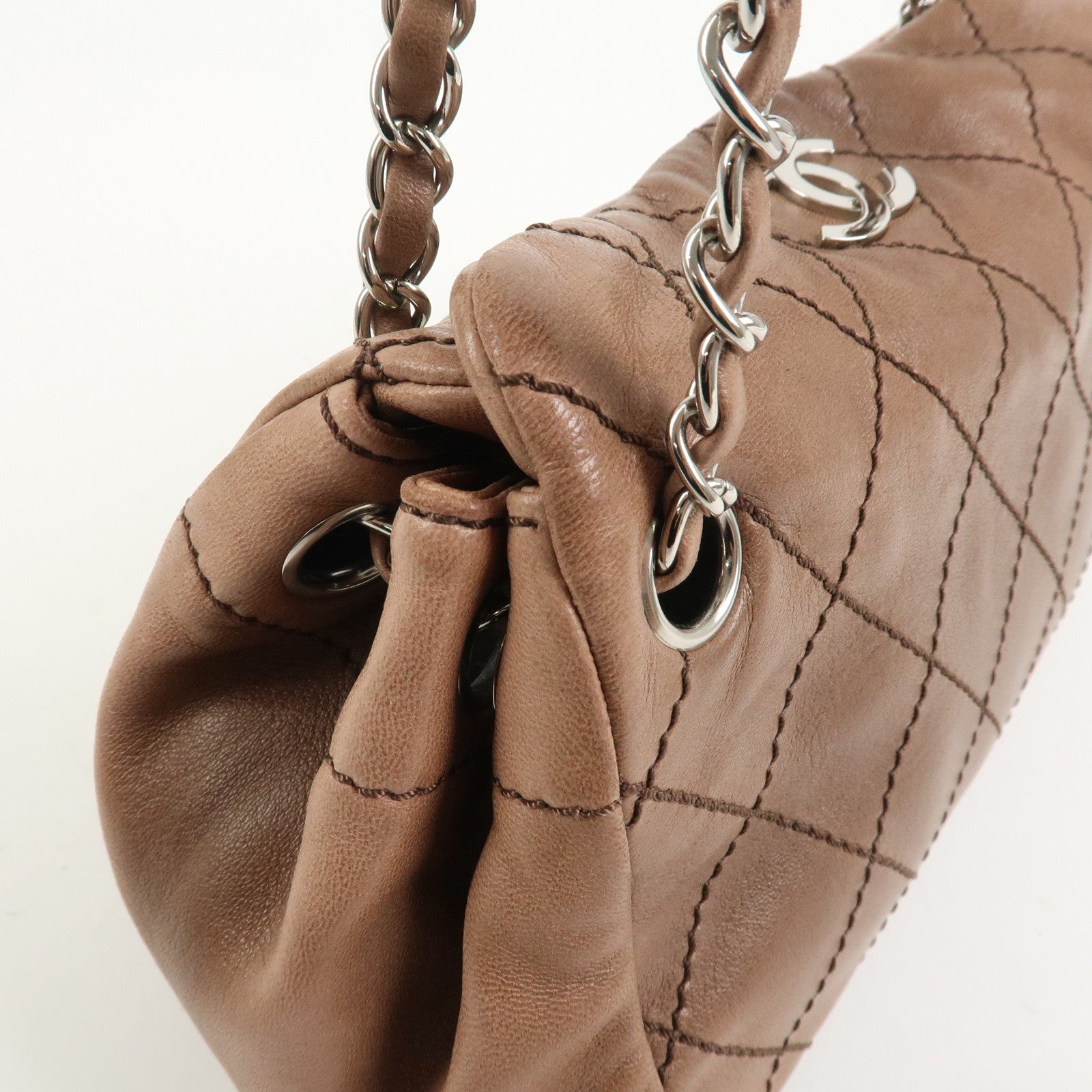 CHANEL Wild Stitch COCO Mark Lamb Skin Shoulder Bag Pink Beige