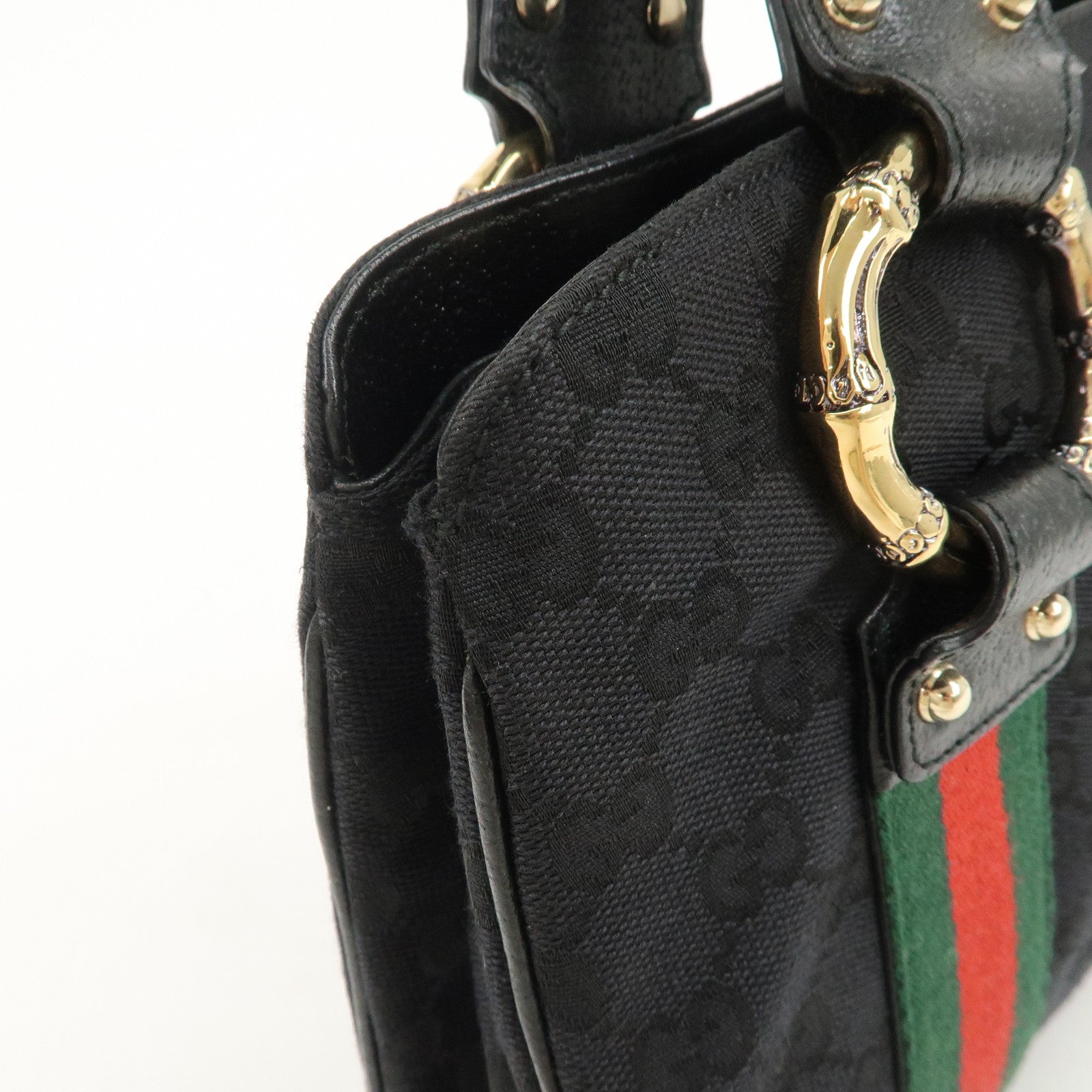 GUCCI Sherry Canvas Leather Tote Bag Hand Bag Black 131324 Used