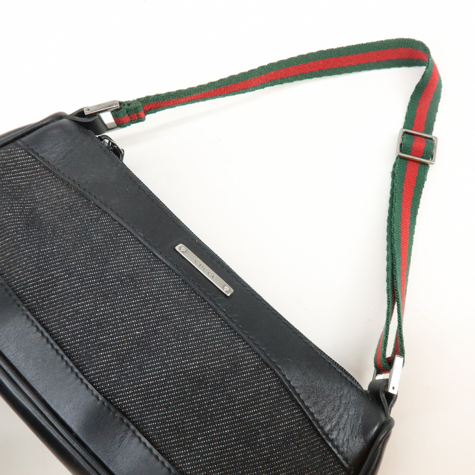 GUCCI Sherry Leather Denim Accessory Pouch Hand Bag Black 92820