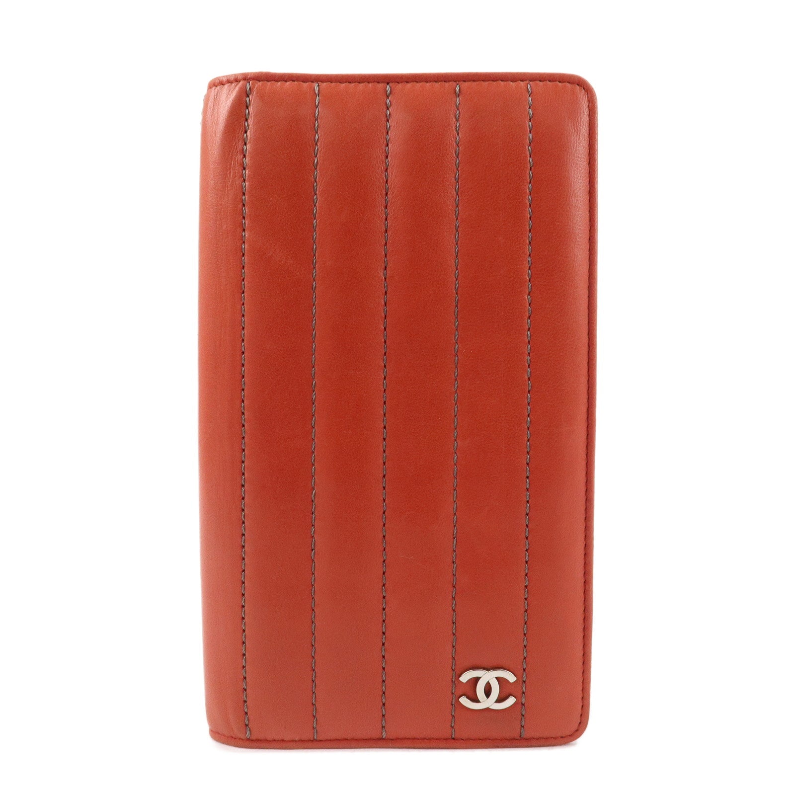 CHANEL Mademoiselle COCO Mark Lamb Skin Long Wallet Red Used