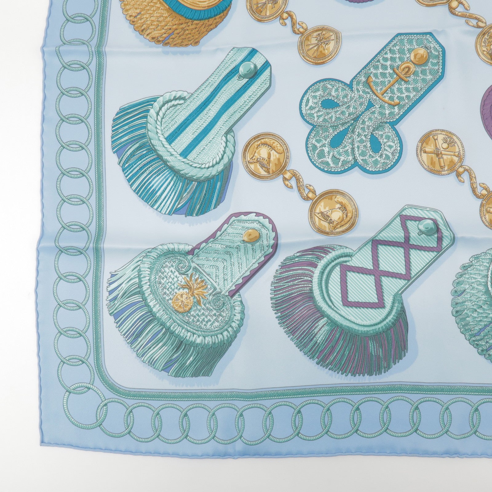 HERMES Carre 70 Silk 100% Scarf Epaulette Light Blue Light Green