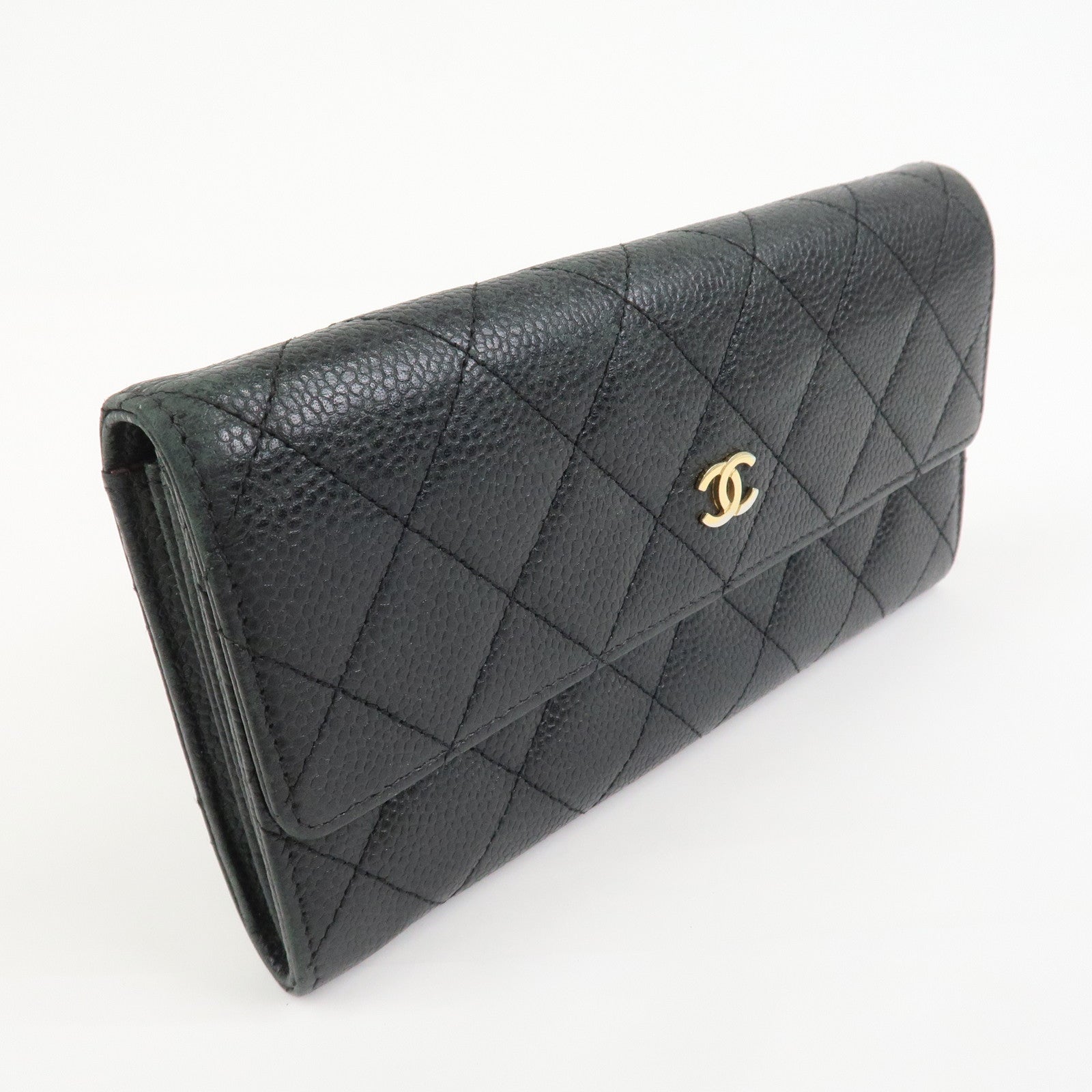 CHANEL COCO Mark Matelasse Caviarskin Long Flap Wallet Black A50096