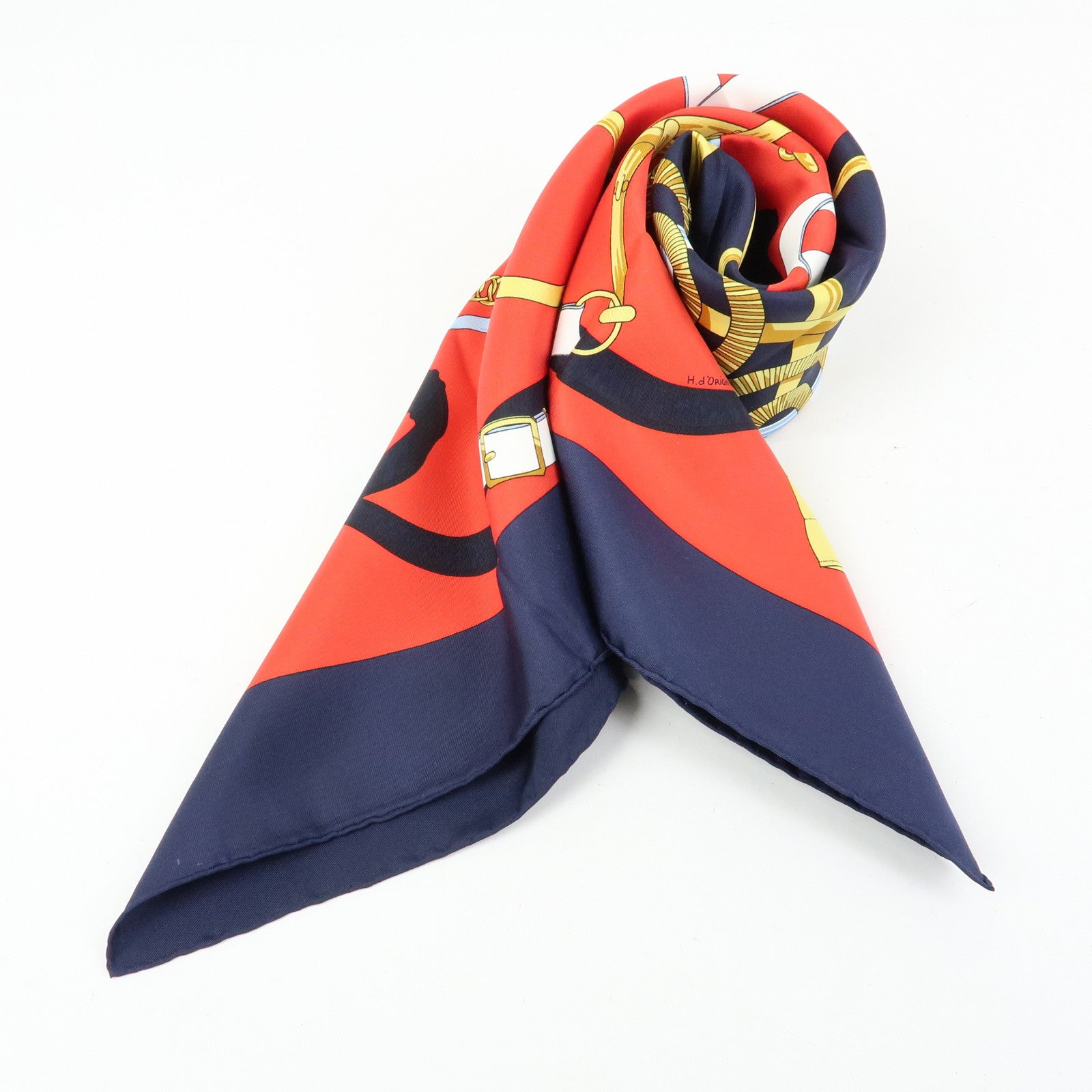 HERMES Carre 90 Silk 100% Scarf Eperon d'or Navy Red Gold