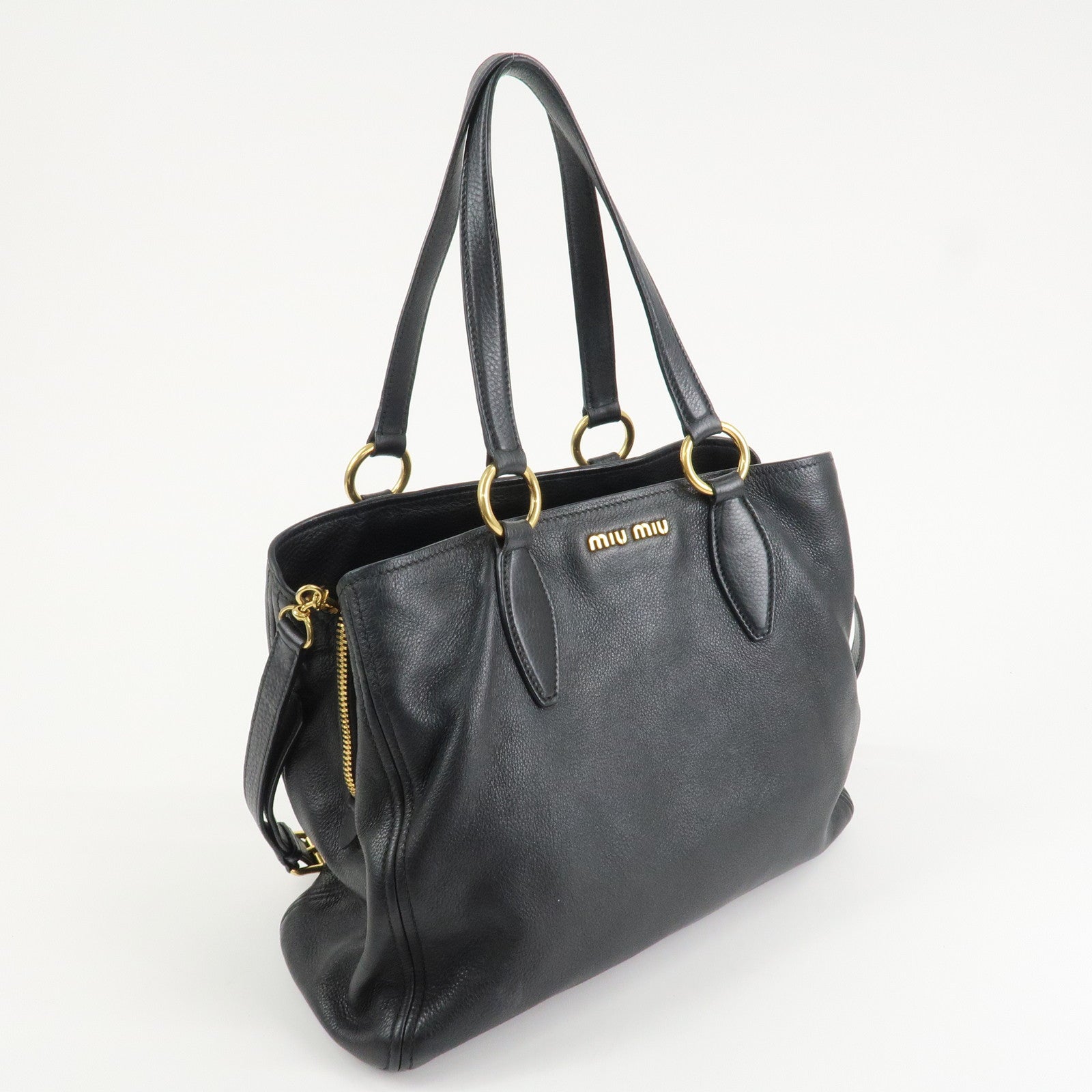 MIU MIU Logo Leather 2Way Bag Tote Bag Shoulder Bag Black RR1901 Used