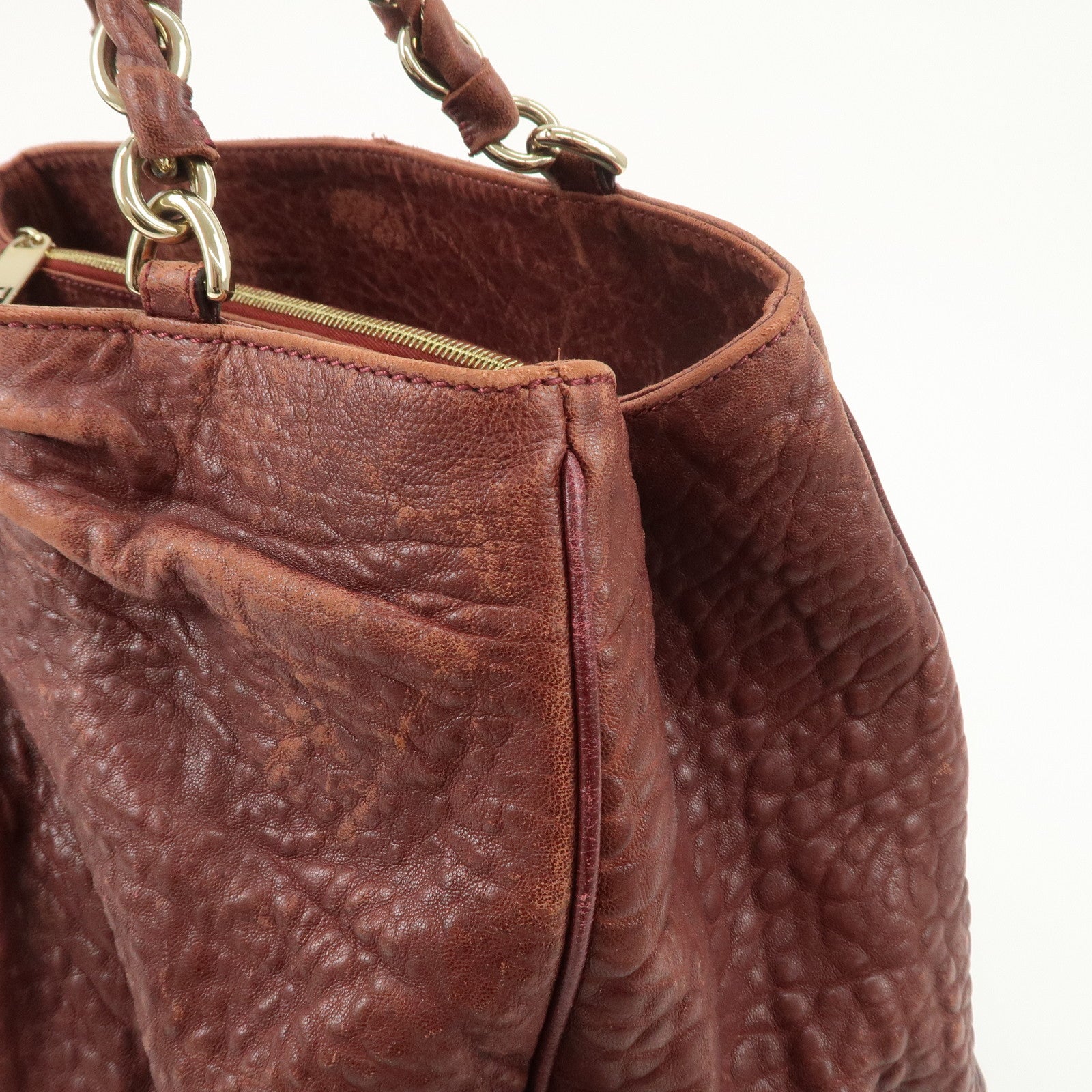 FENDI Mia Logo Leather Chain Tote Bag Shoulder Bag Bordeaux 8BR616