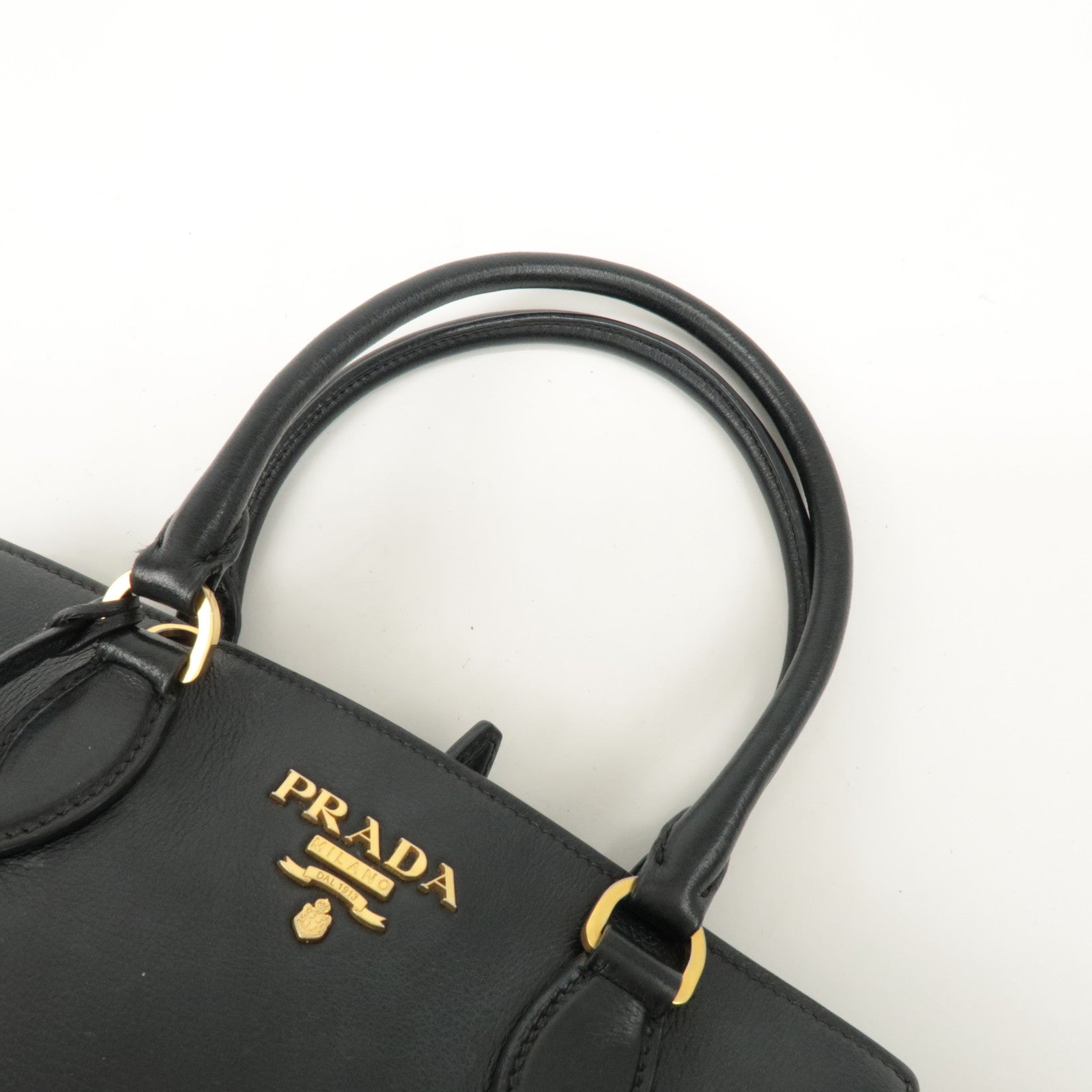 PRADA Leather 2Way Bag Shoulder Hand Bag Black Gold Used
