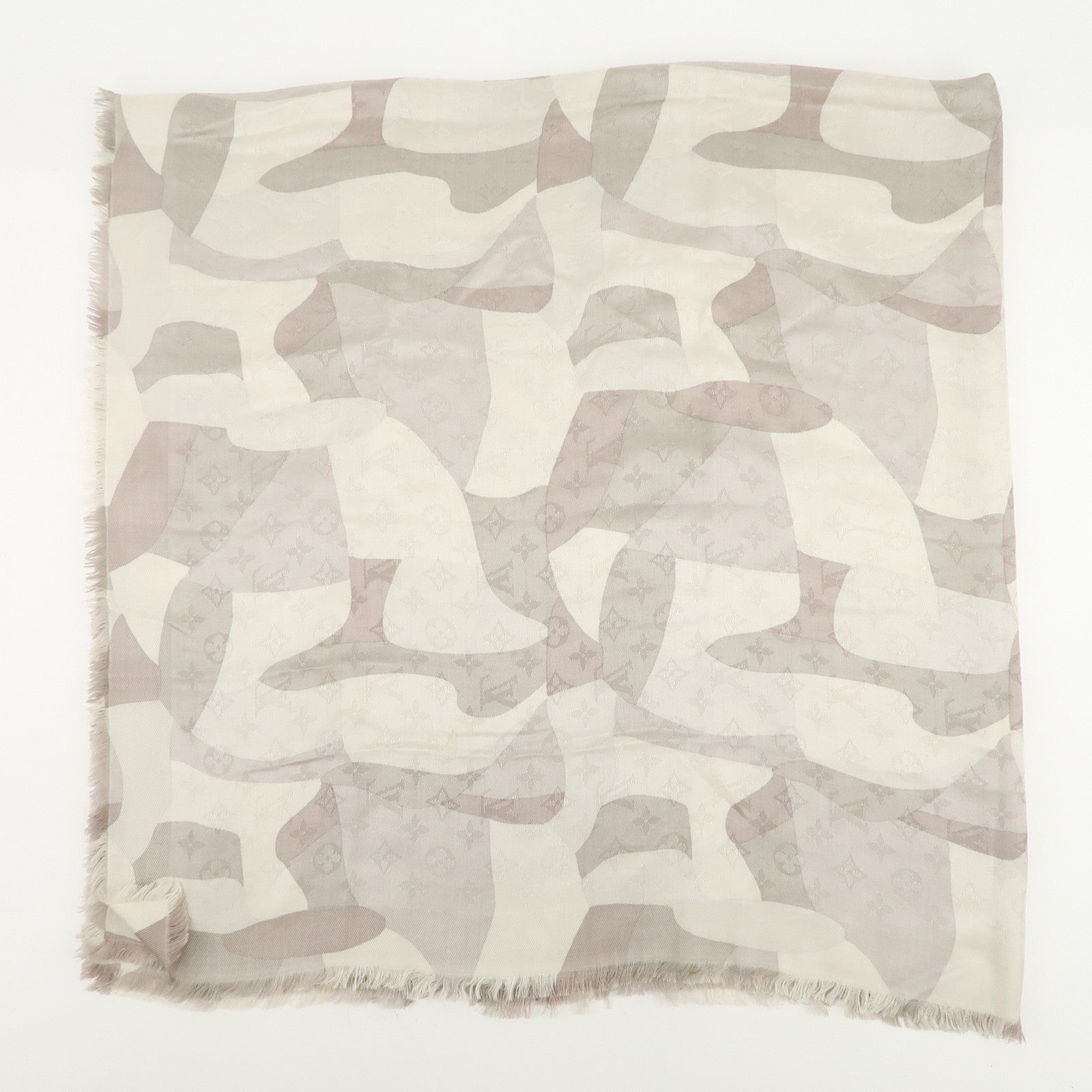 Louis Vuitton Monogram Silk Wool Shawl Scarf Camouflage Gray M75397