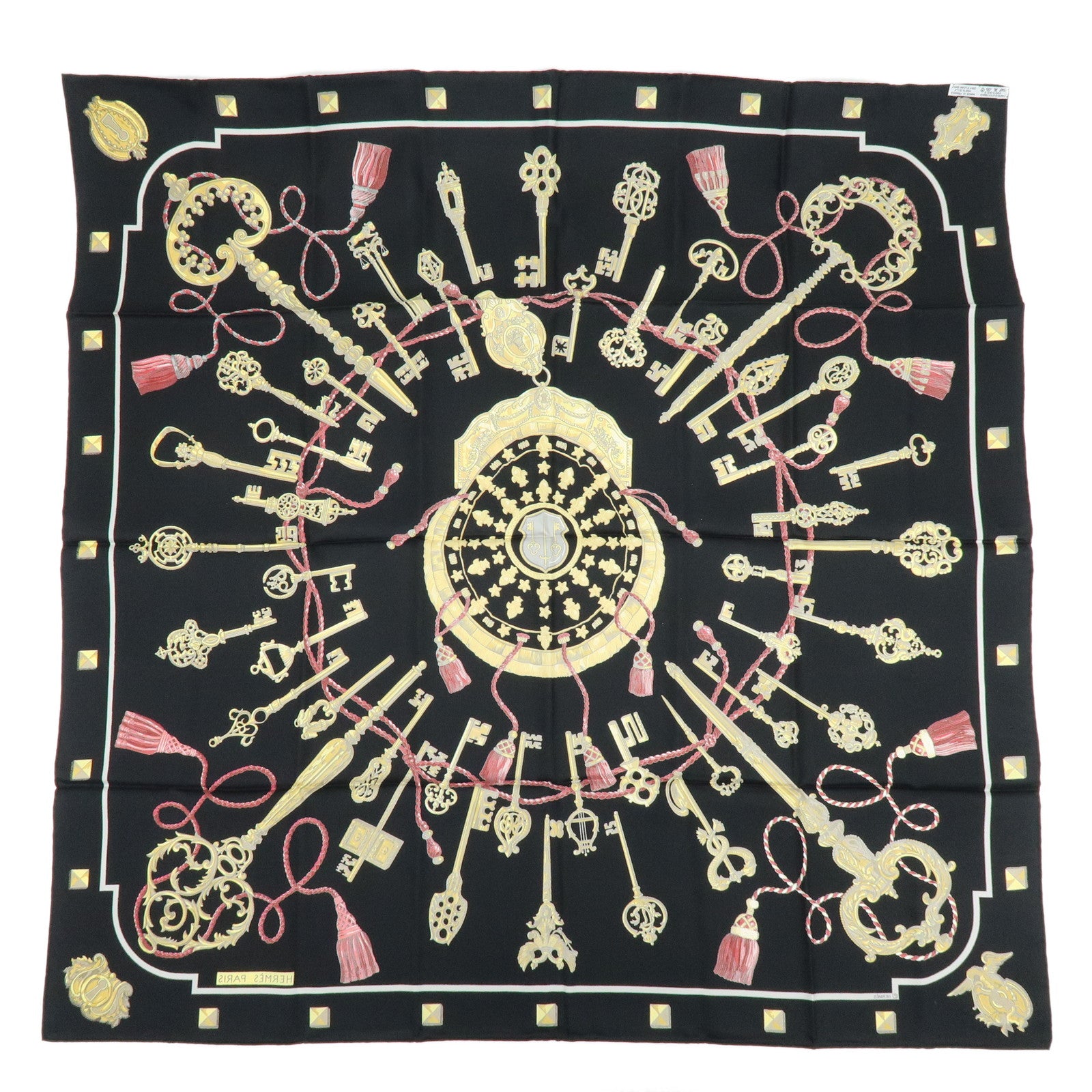HERMES Carre 90 Silk 100% Scarf LES CLES THE KEYS RARE Black