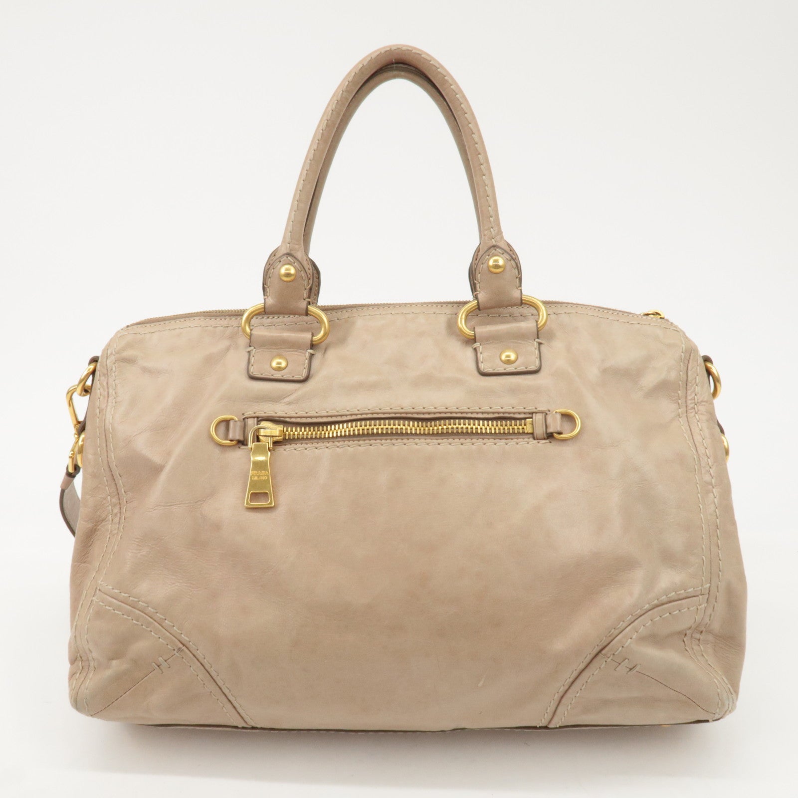 PRADA Triangle Logo Leather 2Way Bag Tote Bag Shoulder Bag Beige Used