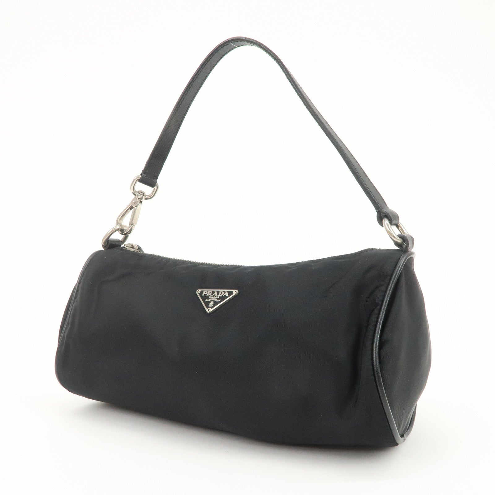 PRADA Triangle Logo Nylon Saffiano Leather Hand Bag Black