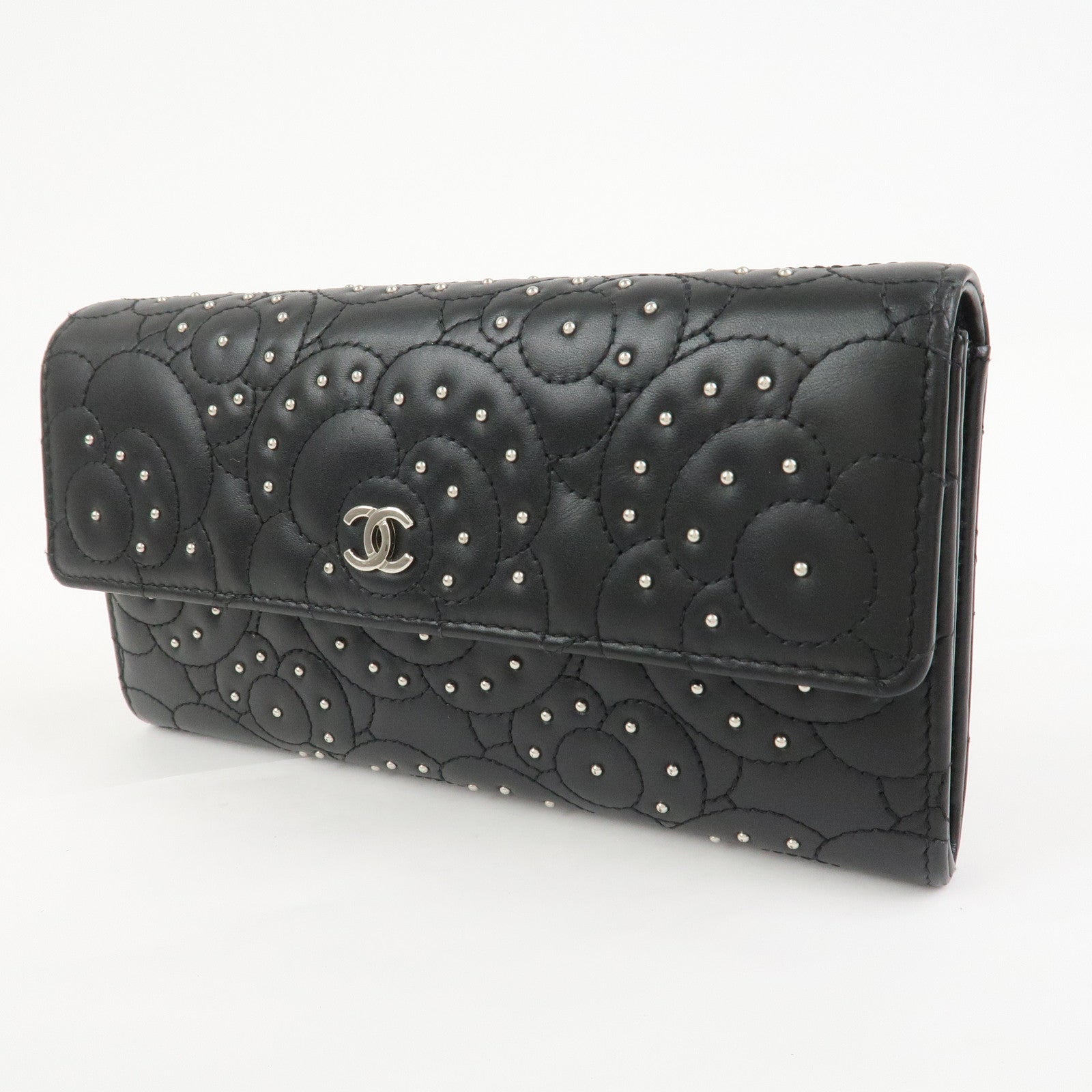 CHANEL Camellia Leather Long Wallet Black Silver Studs A82283