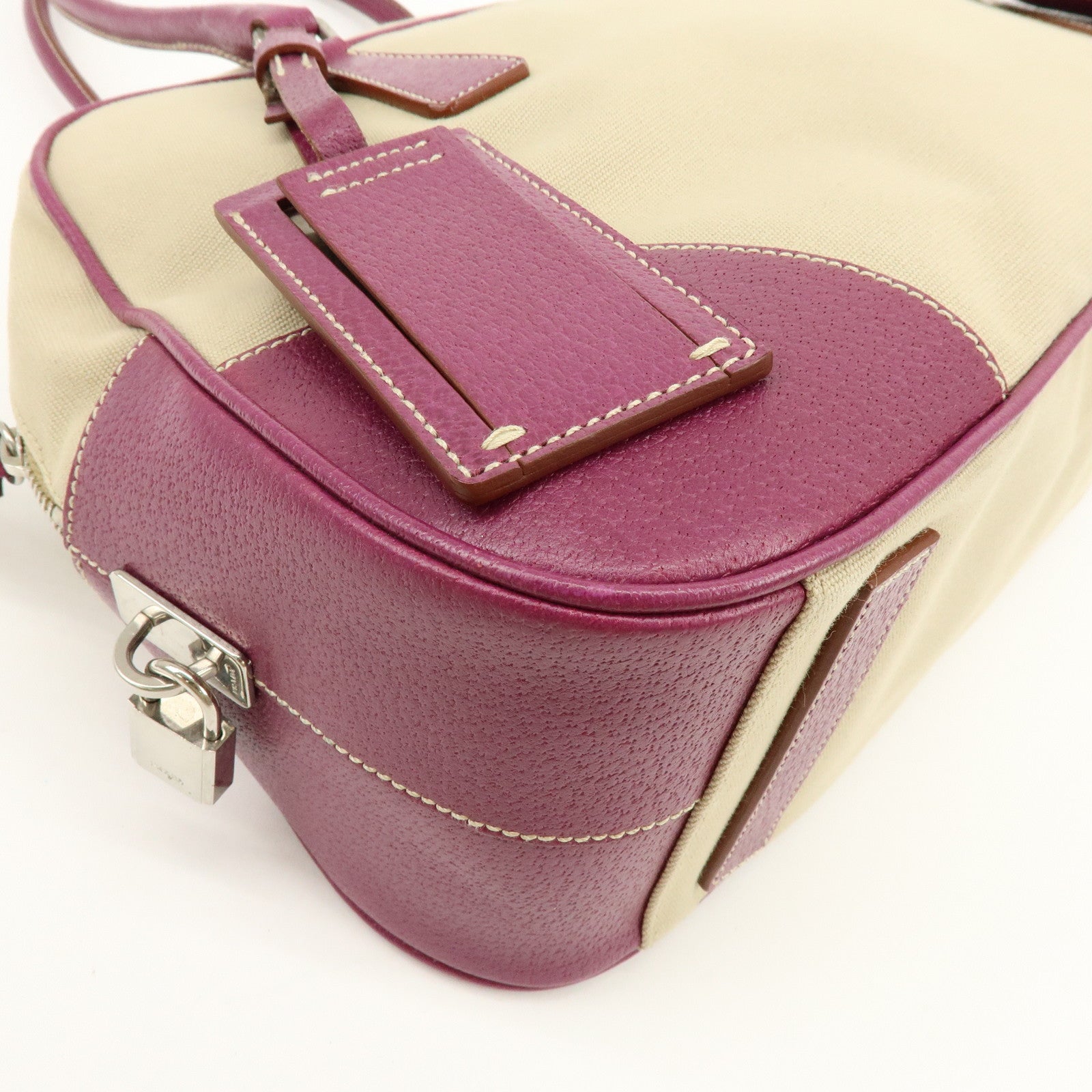 PRADA Triangle Logo Canvas Leather Bowling Bag Natural Purple