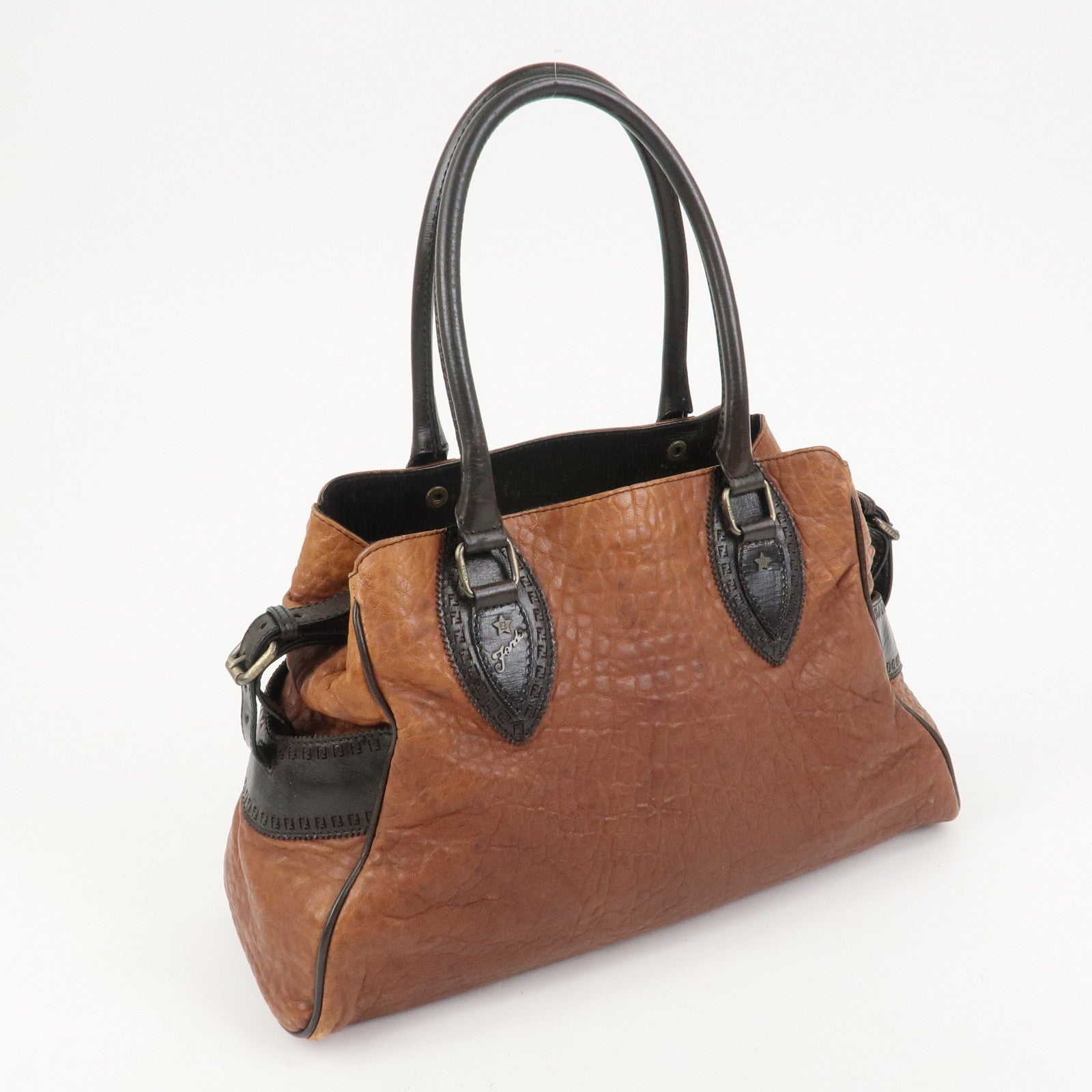 FENDI Etonico Logo Leather Tote Bag Shoulder Brown 8BN162