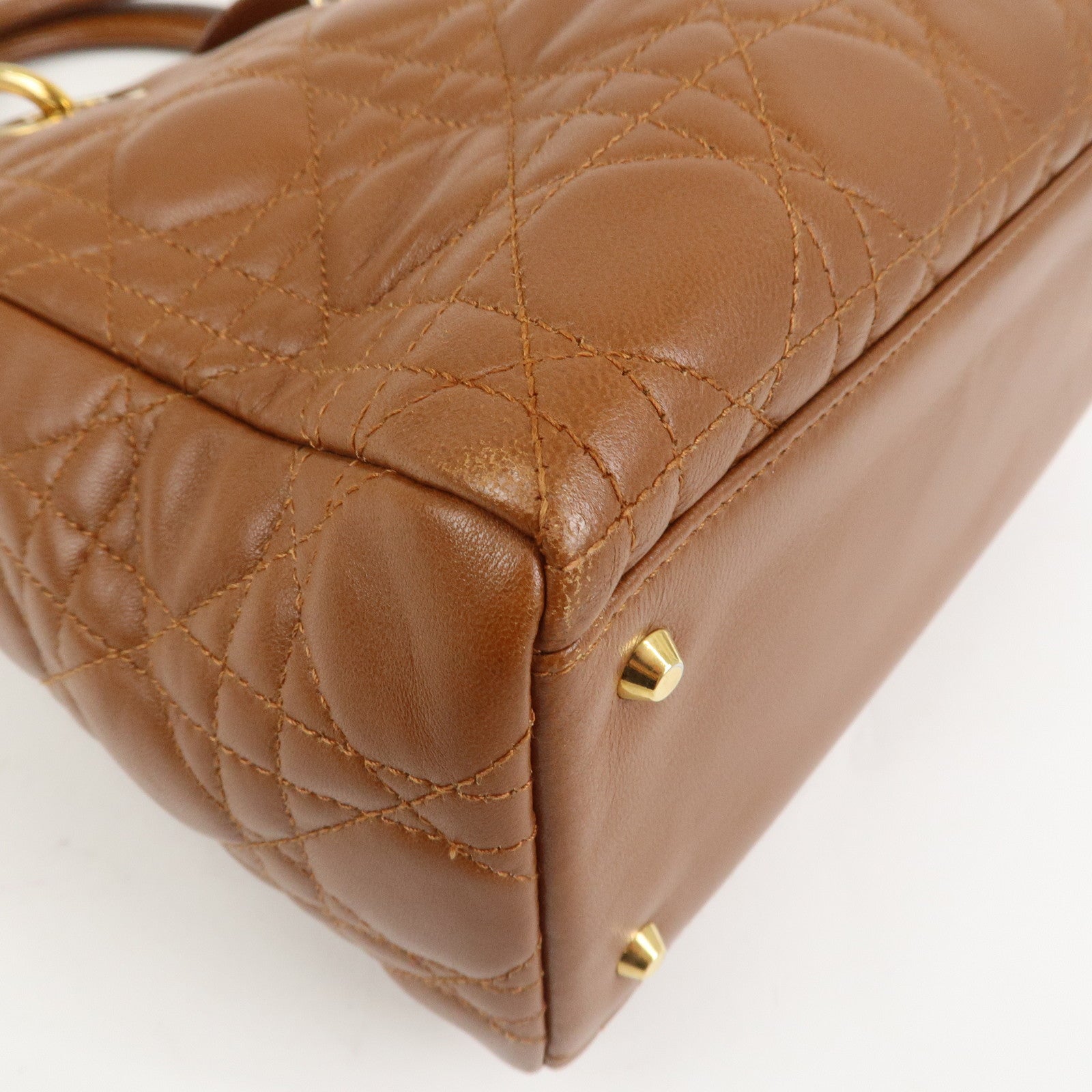 Christian Dior Canage Lady Dior Lamb Skin Hand Bag Tote Bag Brown