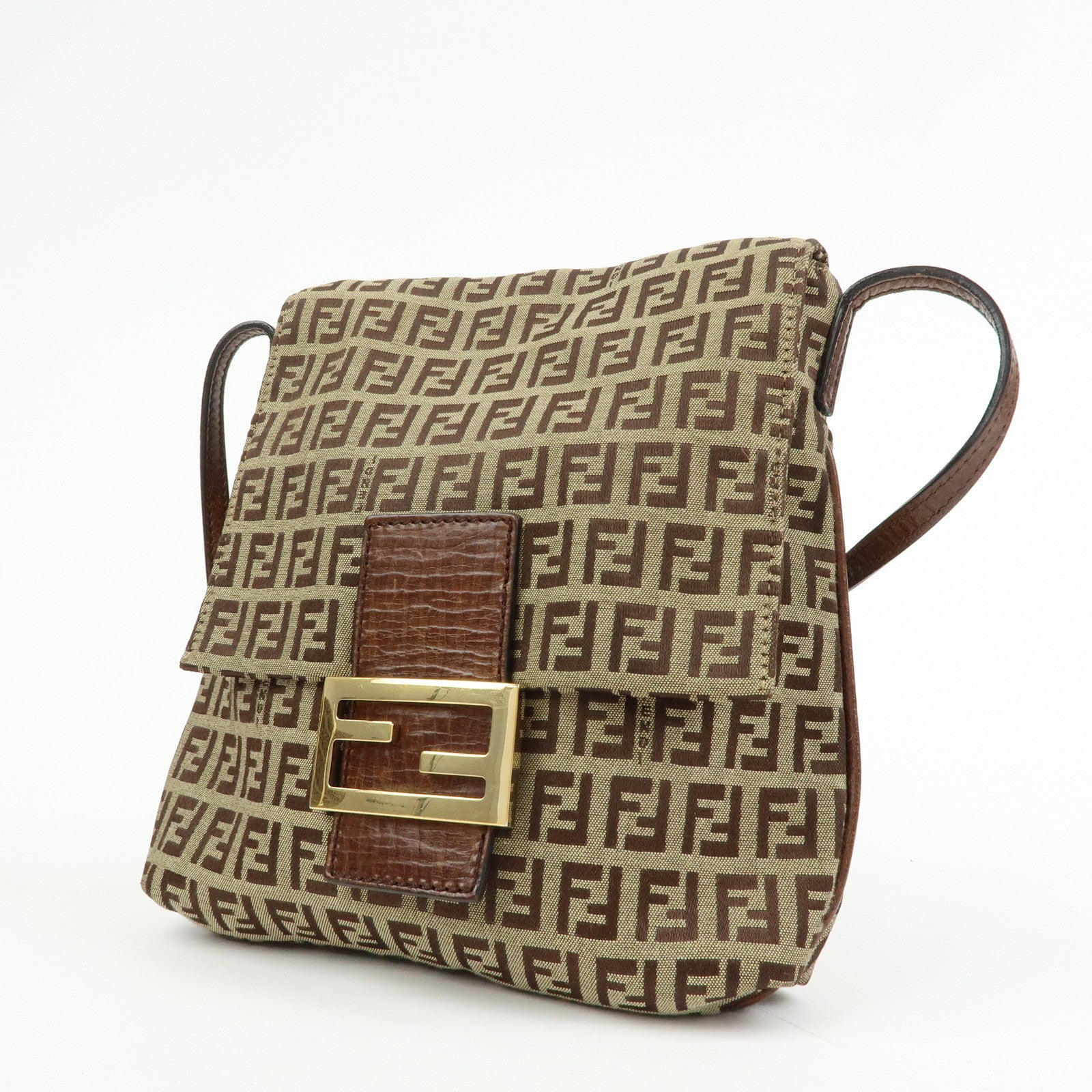 FENDI Zucchino Canvas Leather Shoulder Crossbody Bag Brown 8BT075