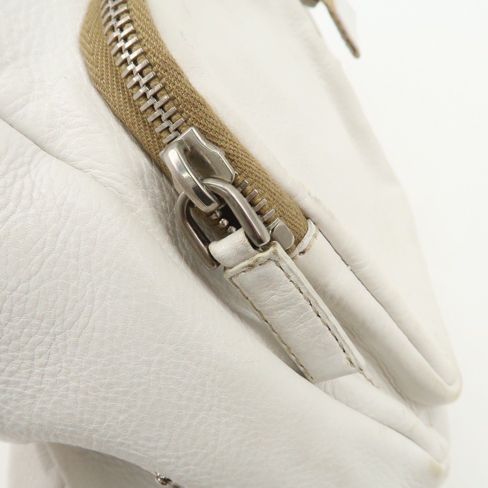 PRADA Triangle Logo Leather Nylon Shoulder Bag White Beige