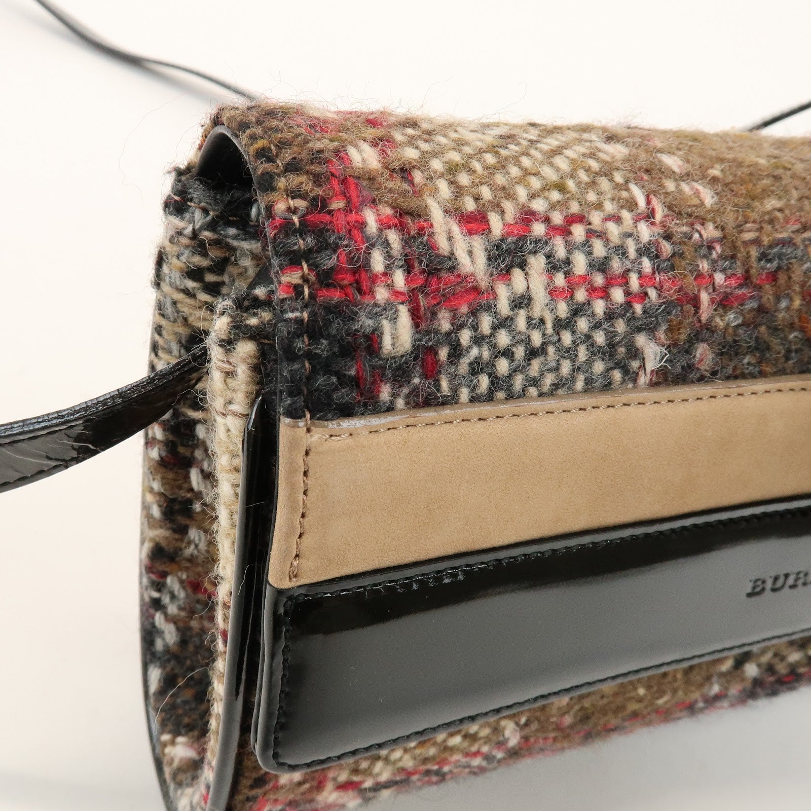 BURBERRY Tweed Patent Leather Suede Shoulder Bag Plaid Beige Black