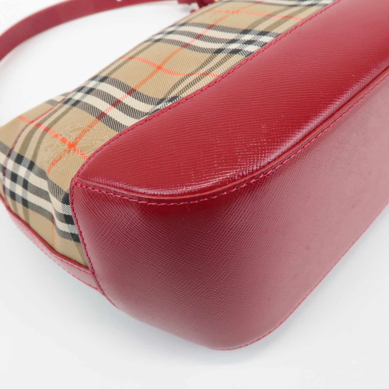 BURBERRY Nova Plaid Canvas Leather Shoulder Bag Red Used
