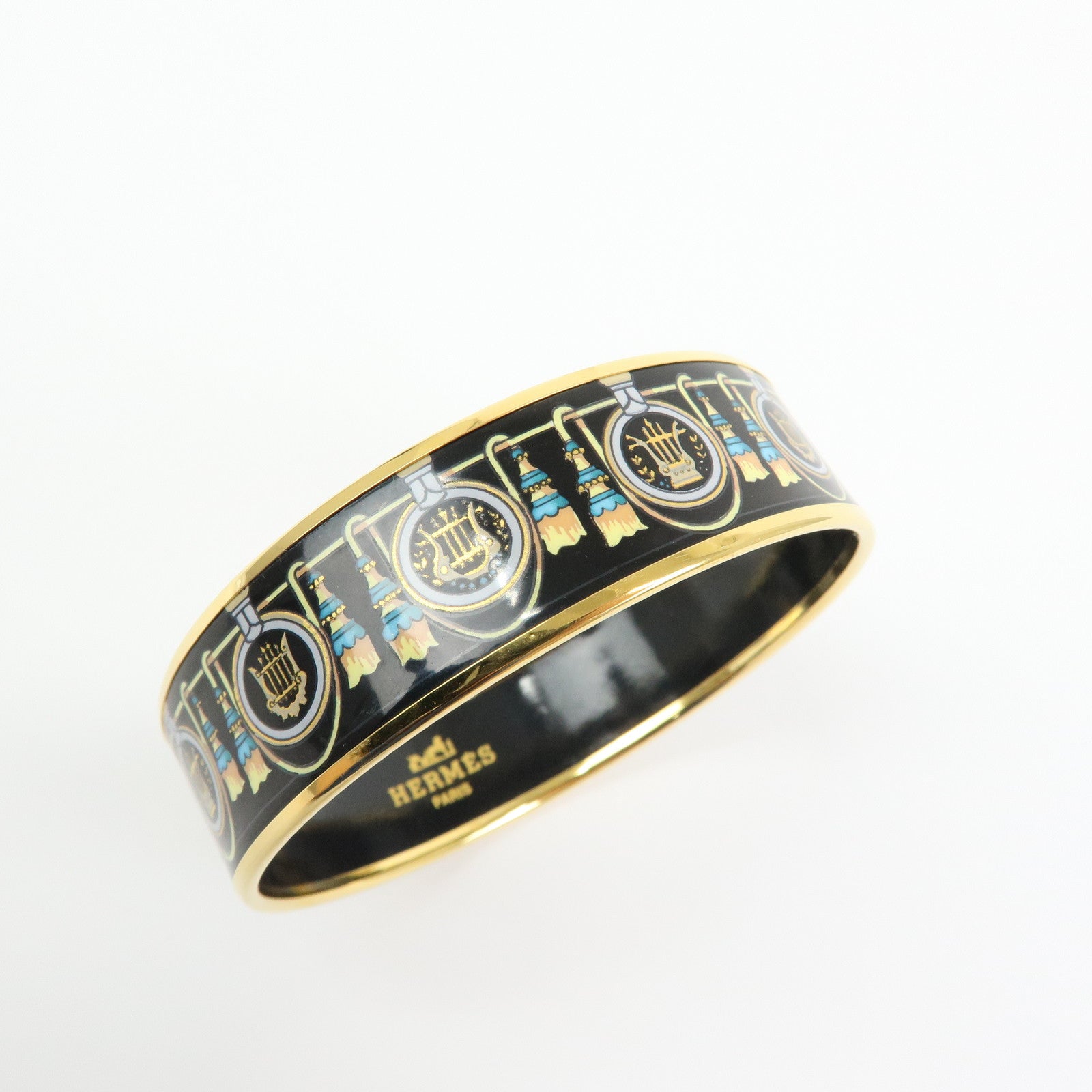 HERMES Email GM Gold Plated Bangle Bracelet Black Gold